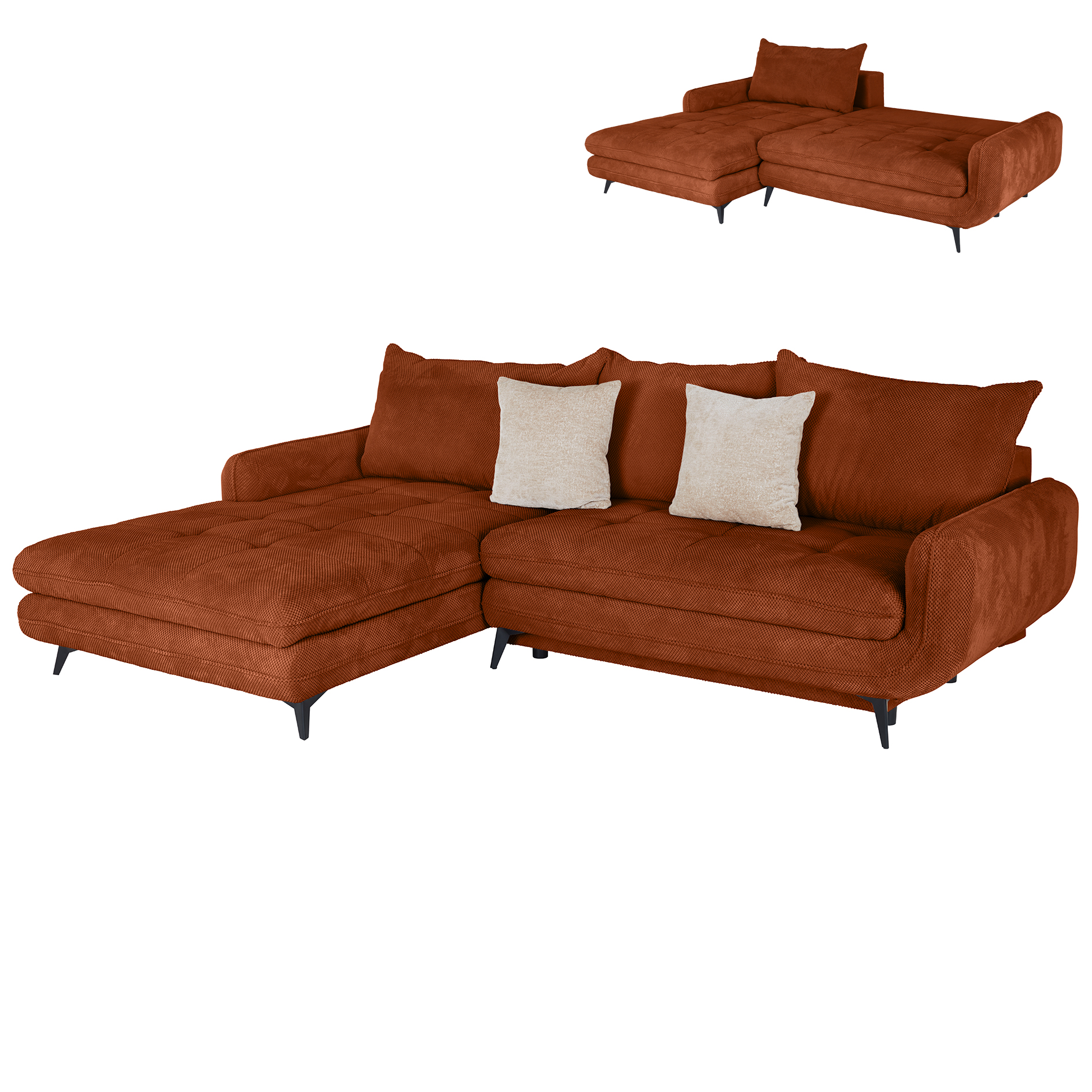 Ecksofa - orange - Liegefunktion und Staukasten - Ottomane links
