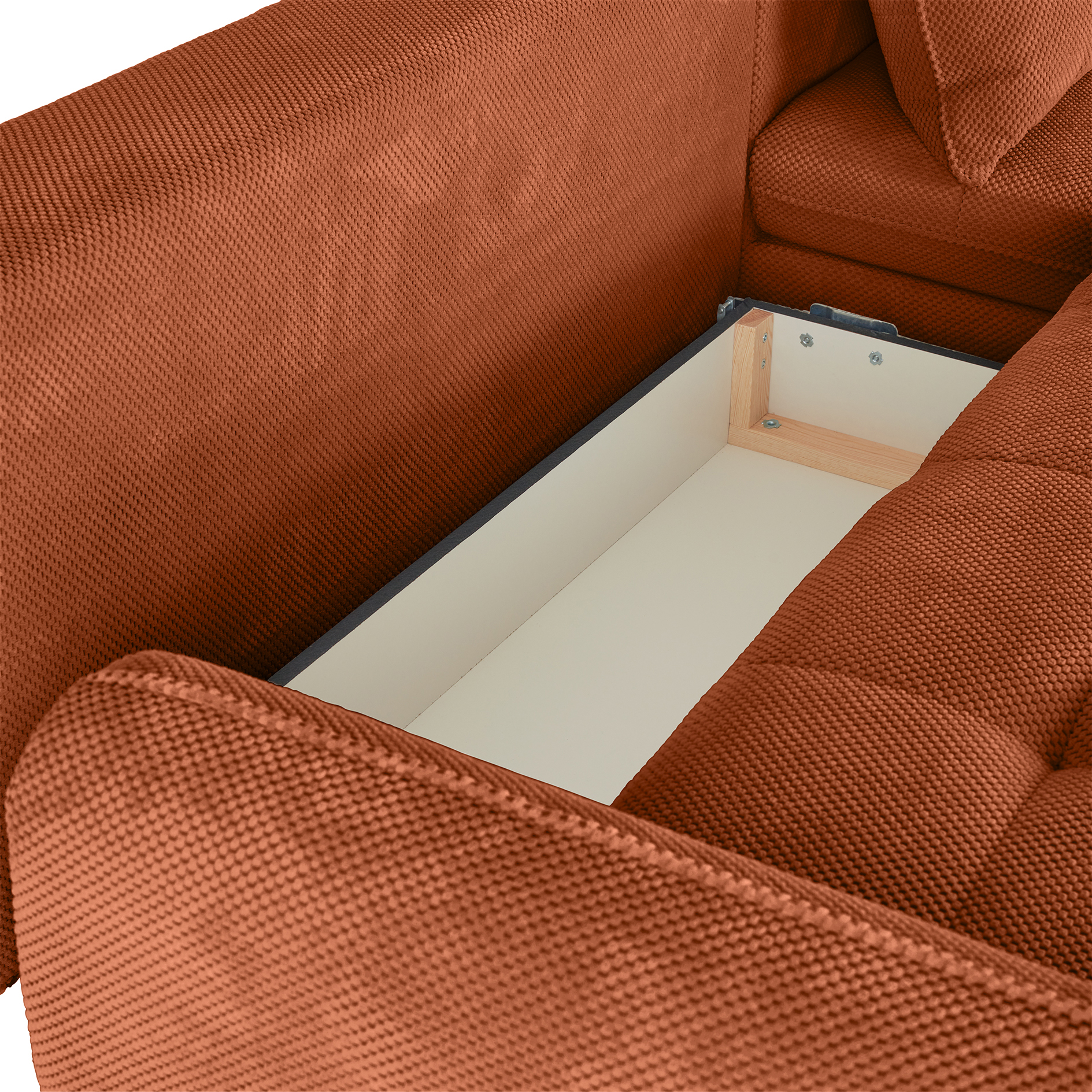 Ecksofa - orange - Liegefunktion und Staukasten - Ottomane rechts