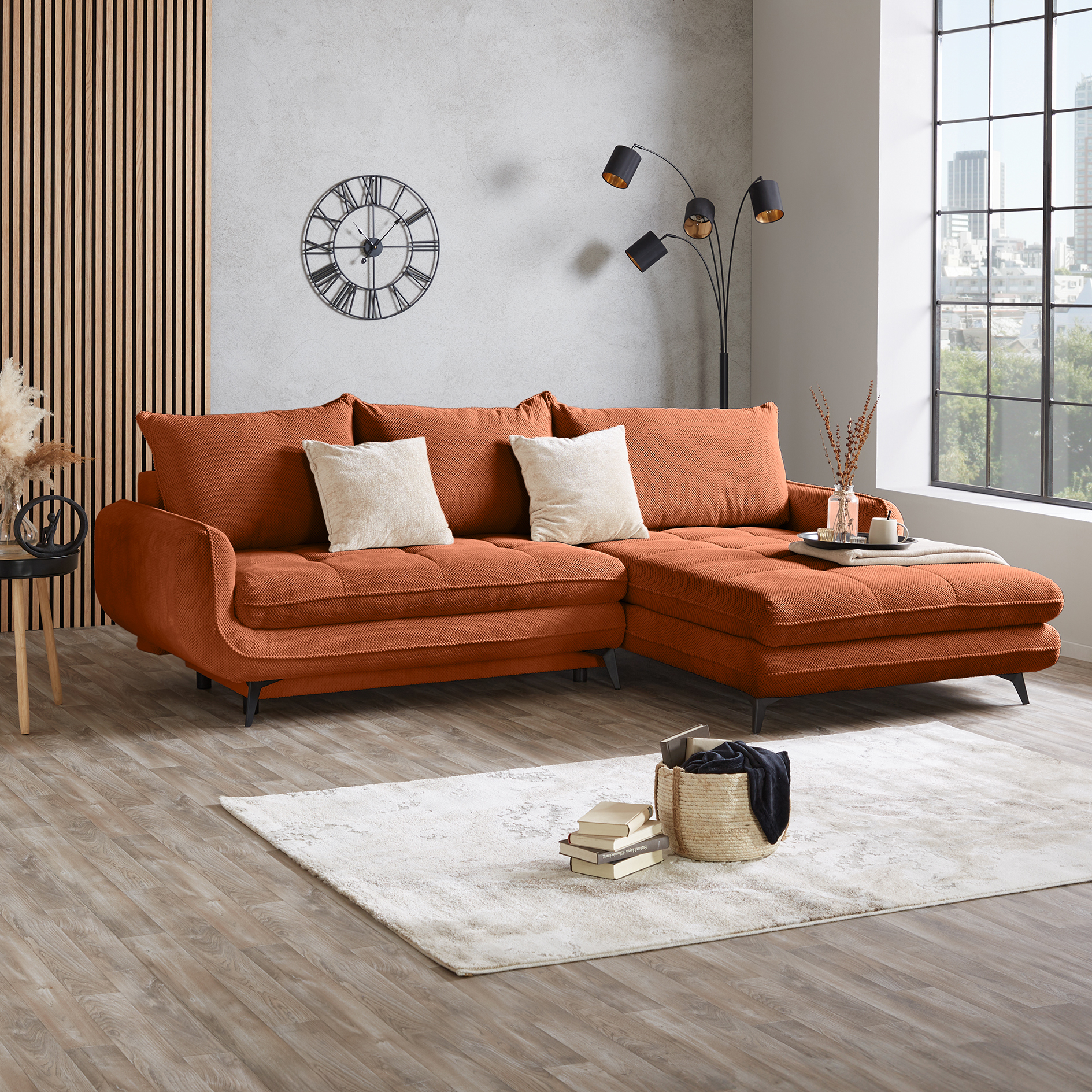 Ecksofa - orange - Liegefunktion und Staukasten - Ottomane rechts