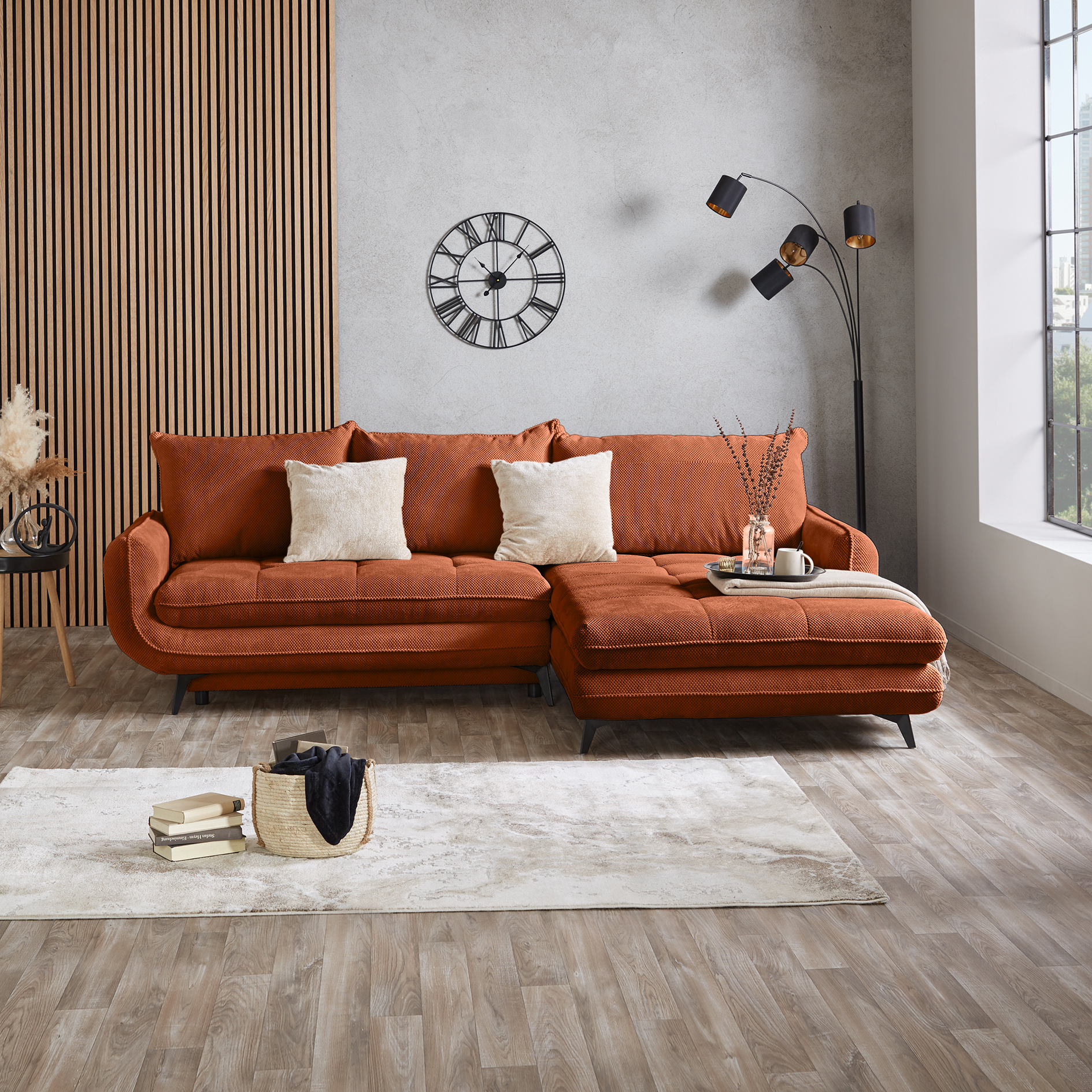 Ecksofa - orange - Liegefunktion und Staukasten - Ottomane rechts