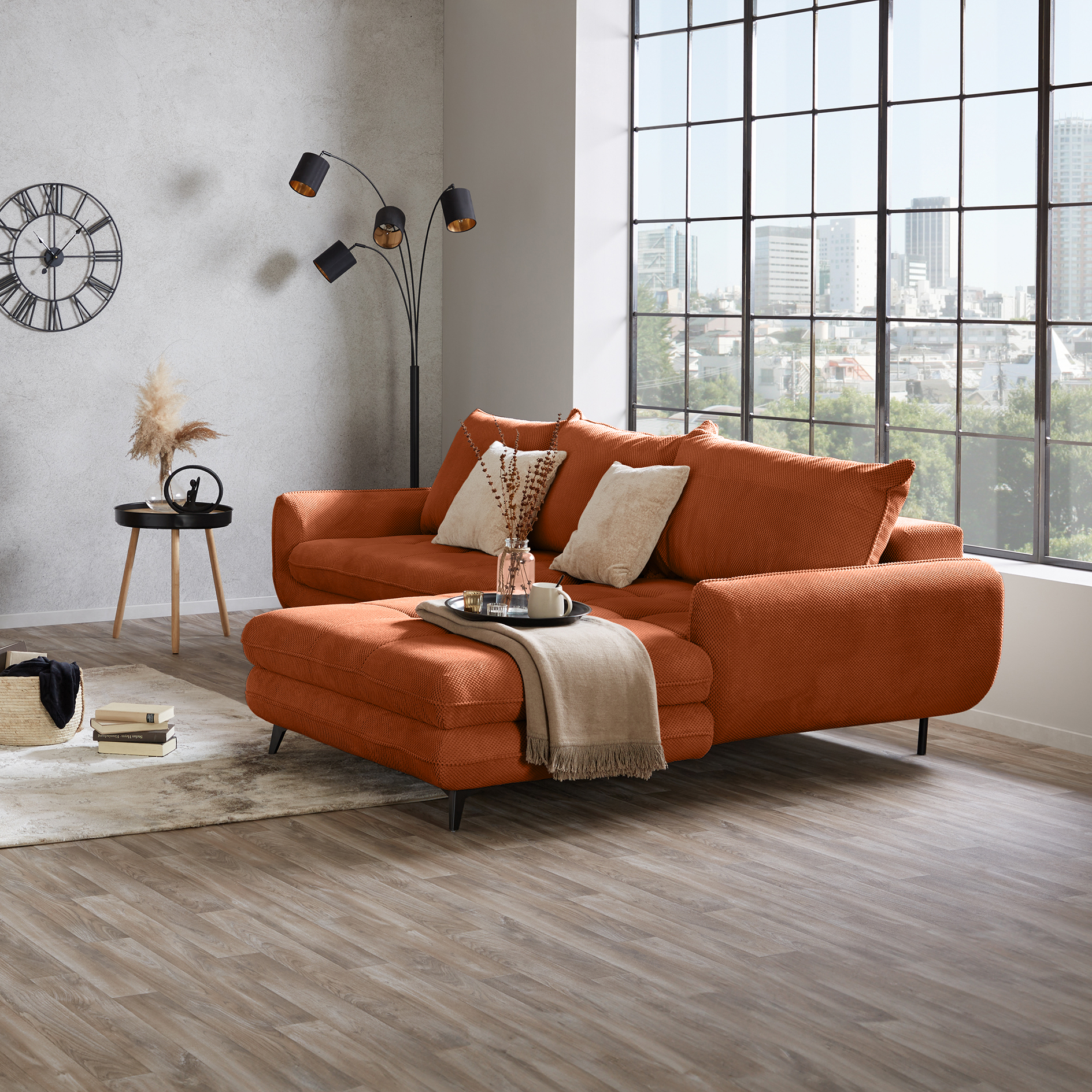 Ecksofa - orange - Liegefunktion und Staukasten - Ottomane rechts