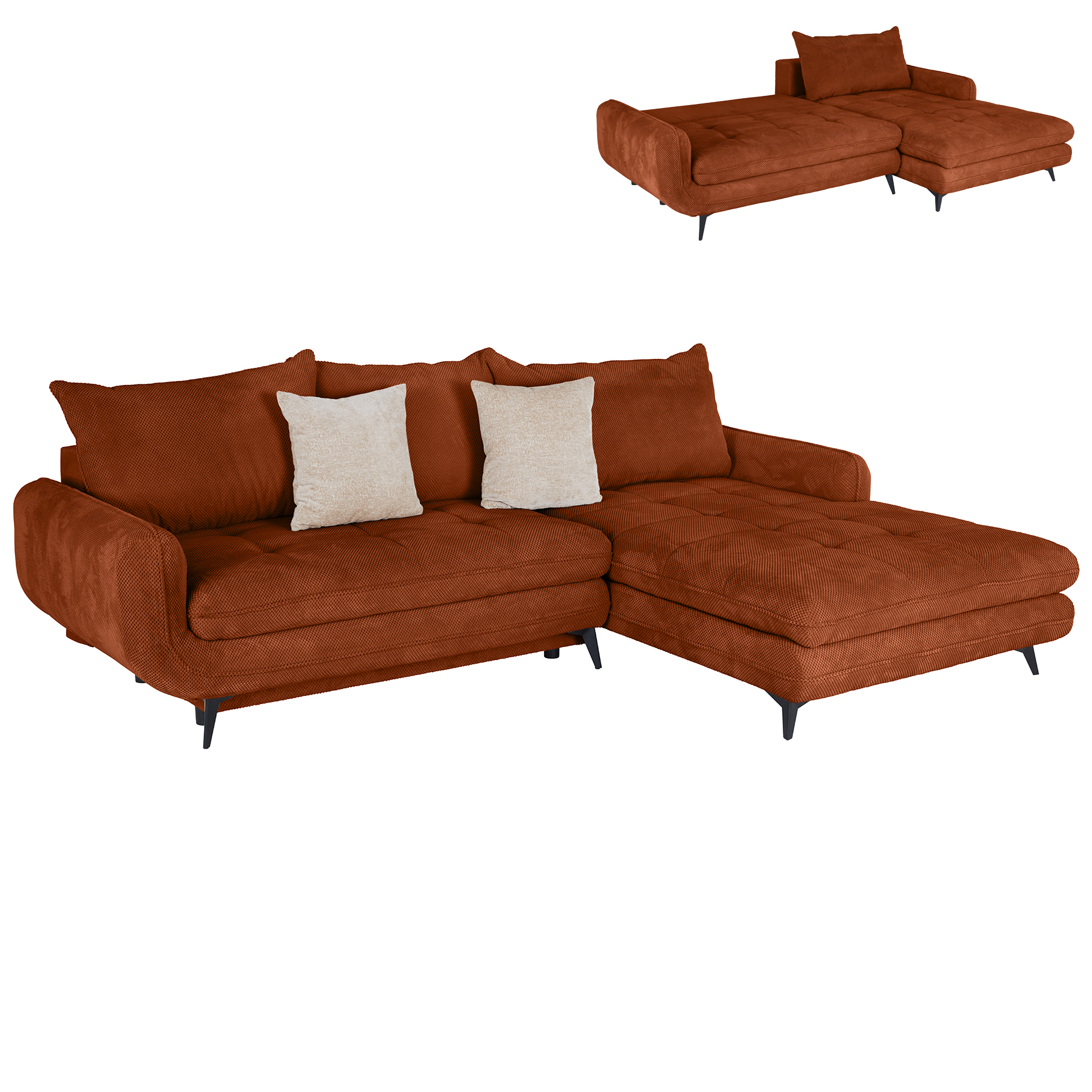 Ecksofa - orange - Liegefunktion und Staukasten - Ottomane rechts