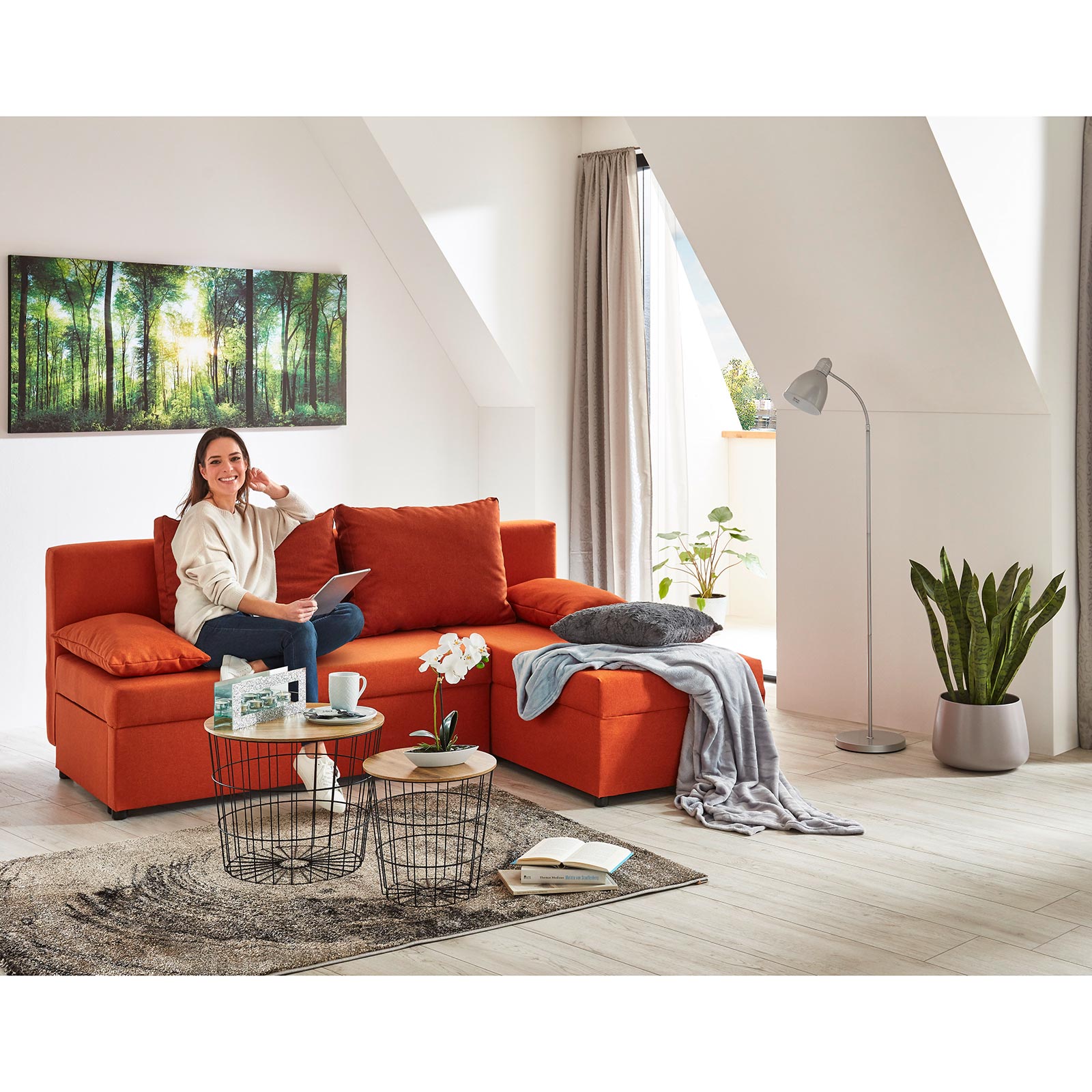 Ecksofa - orange - Webstoff - mit Liegefunktion