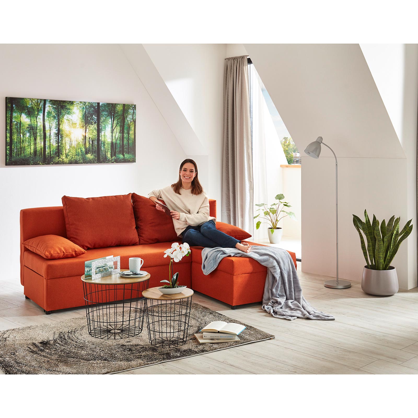 Ecksofa - orange - Webstoff - mit Liegefunktion