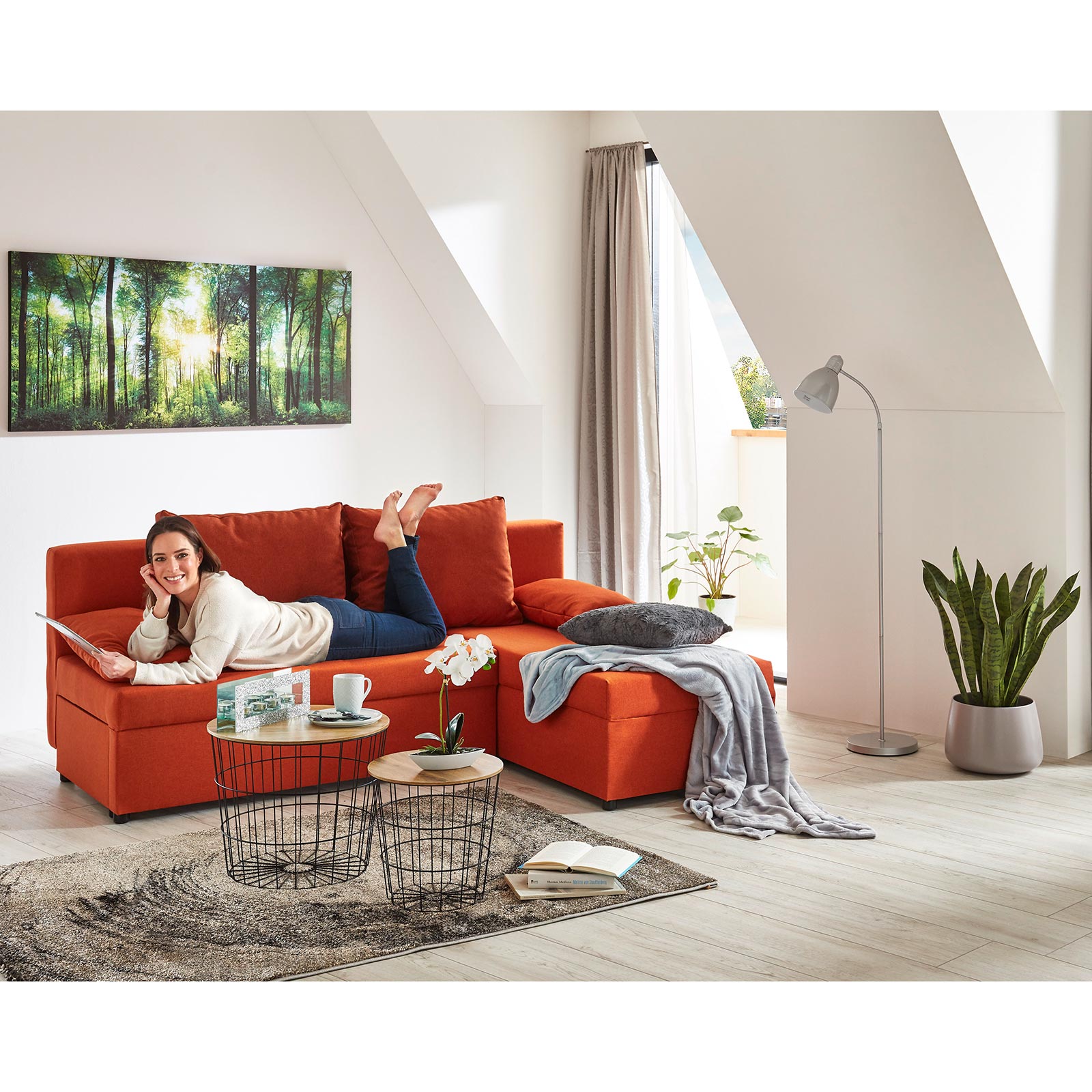 Ecksofa - orange - Webstoff - mit Liegefunktion
