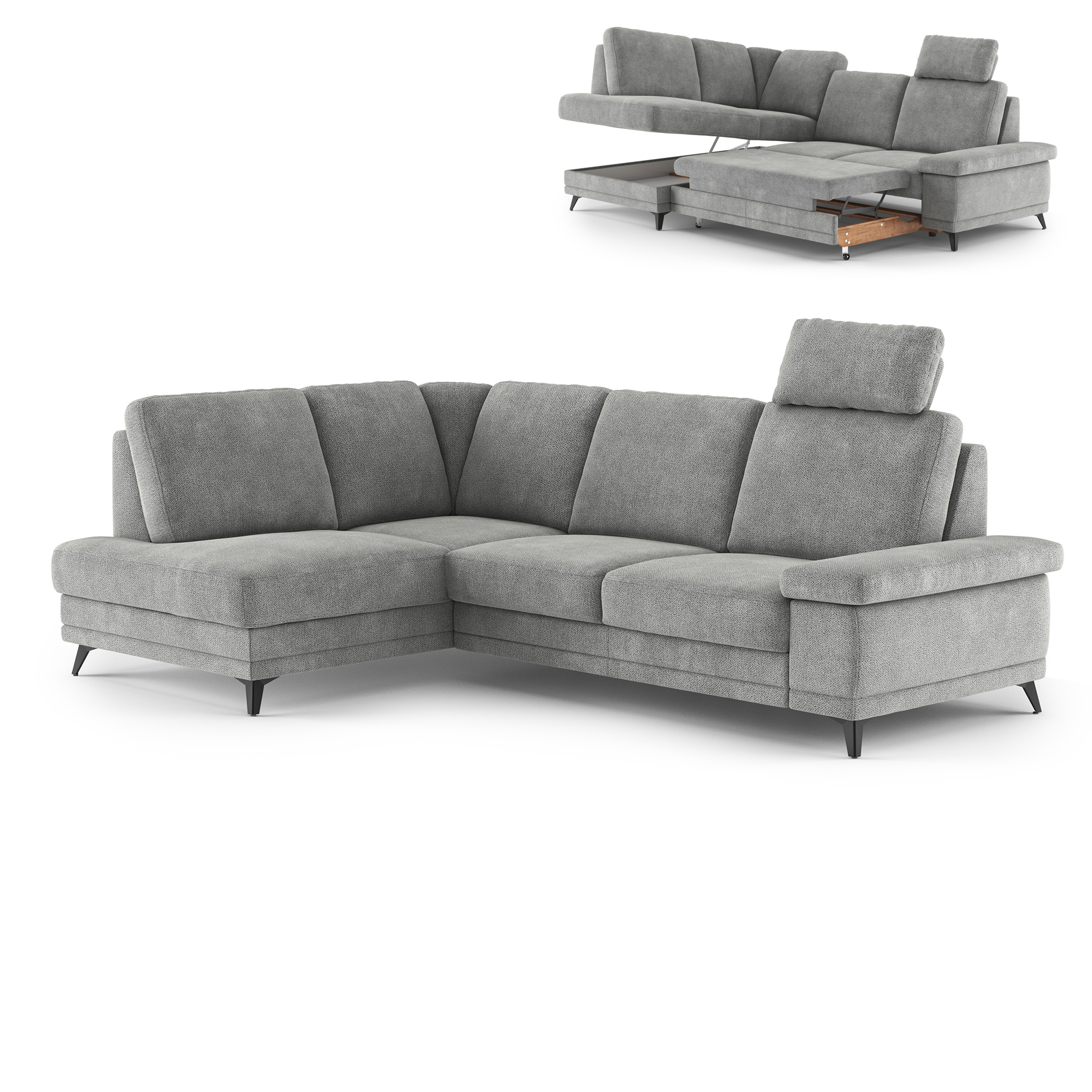 Ecksofa - platin - Liegefunktion und Bettkasten - Ottomane links