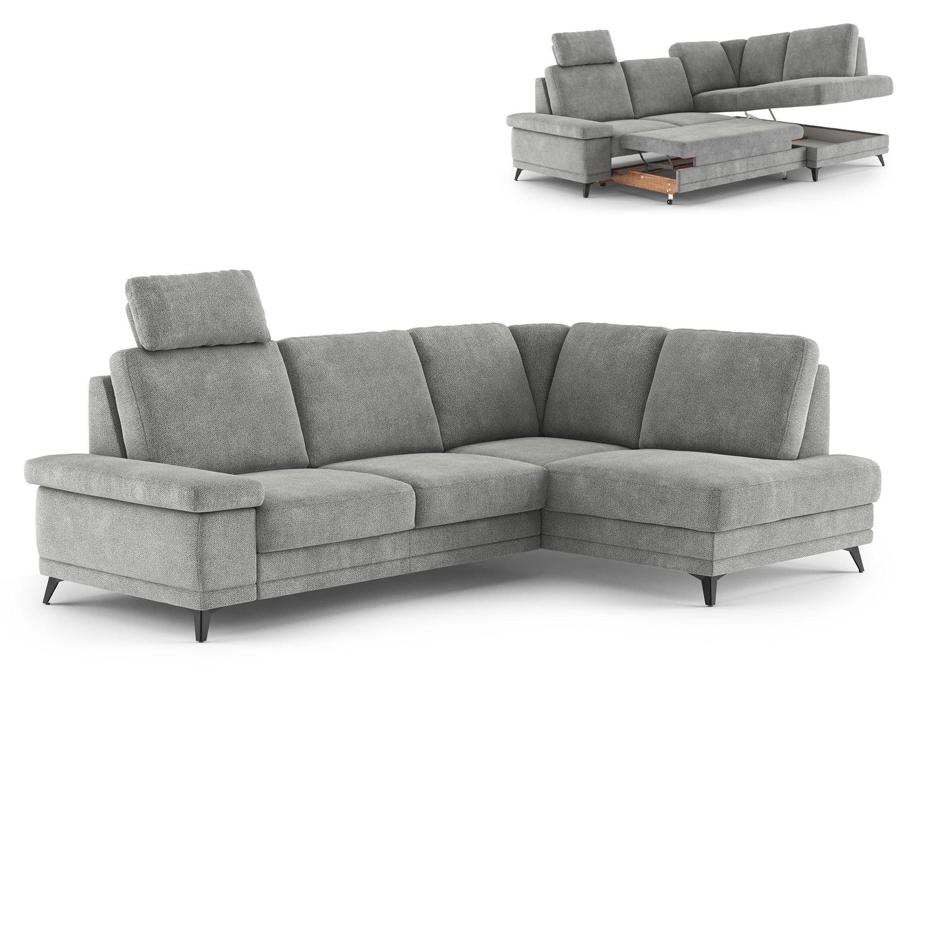 Ecksofa - platin - Liegefunktion und Bettkasten - Ottomane rechts