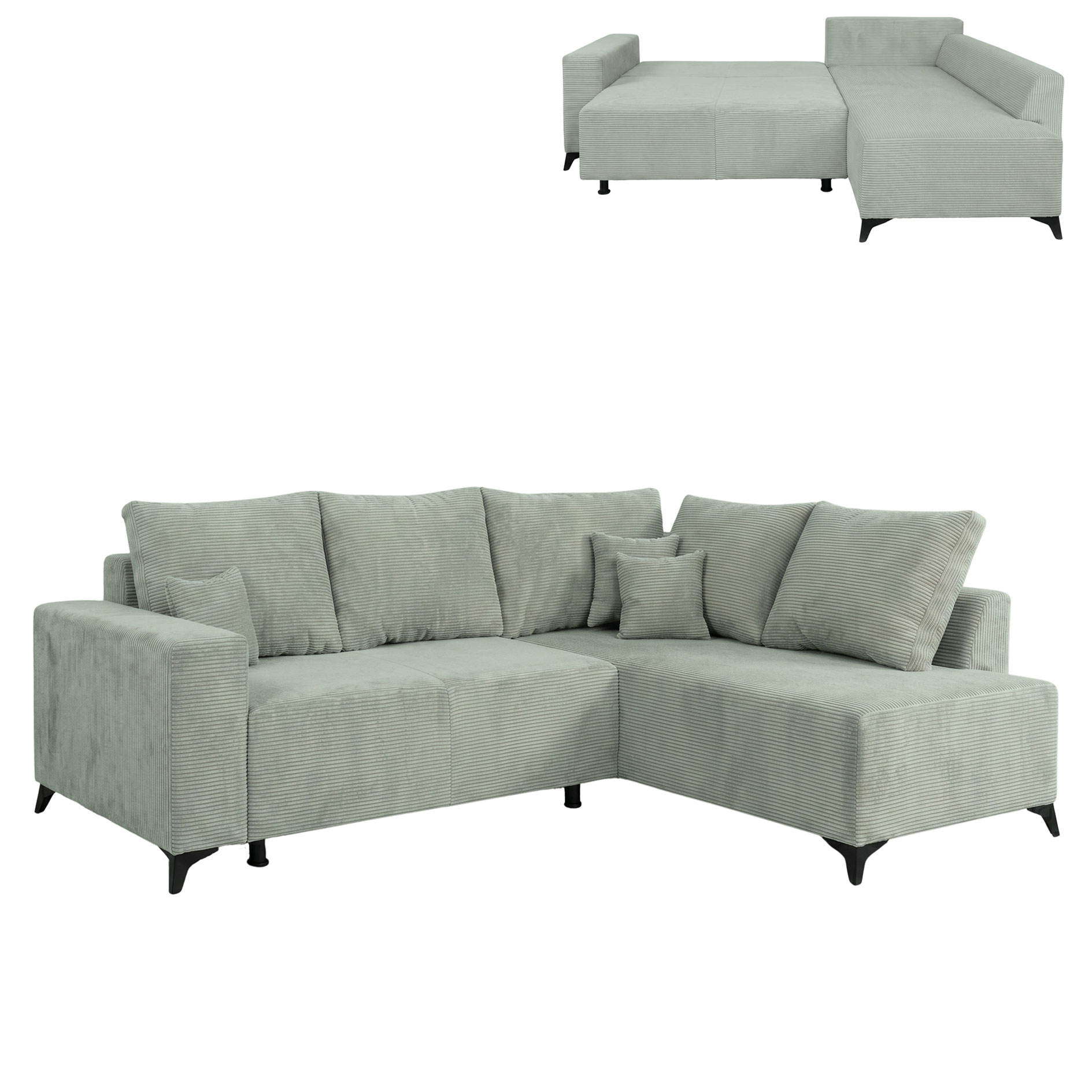 Ecksofa - sage - Cord - Liegefunktion und Staukasten