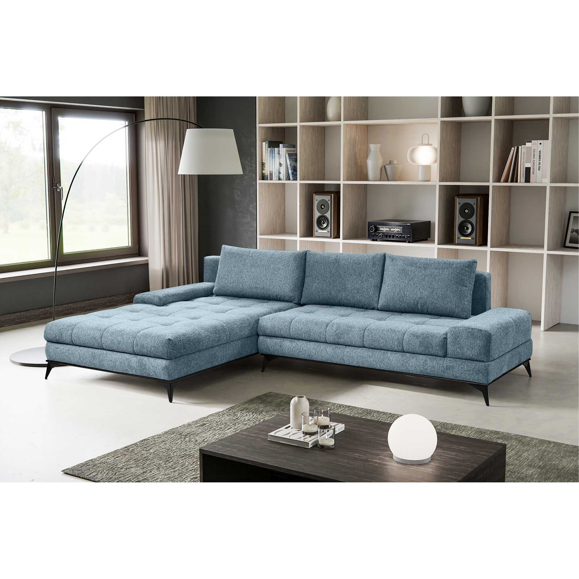 Ecksofa - salbei - Liegefunktion und Staukasten - Longchair links