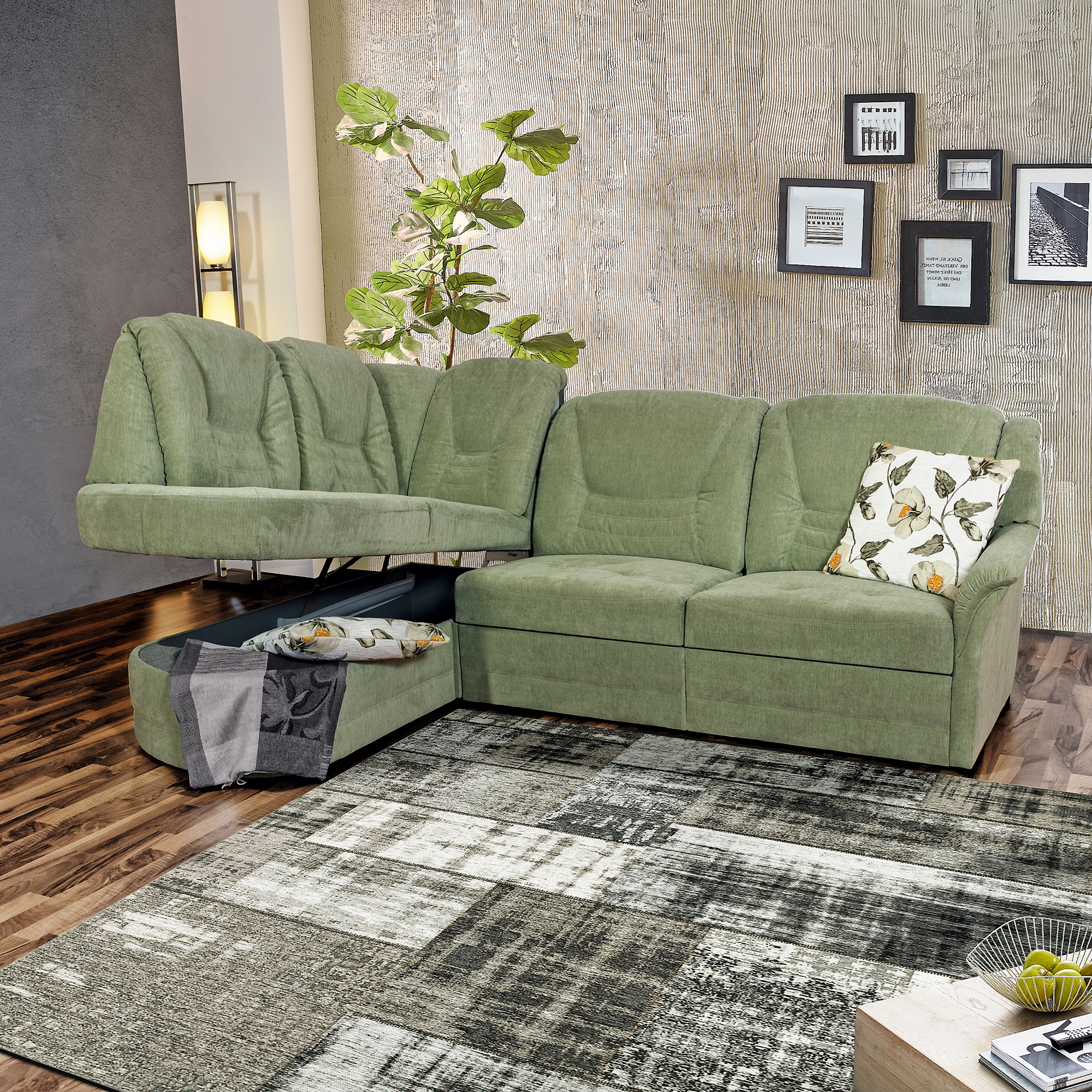 Ecksofa - schilf - mit Staukasten - Recamiere links