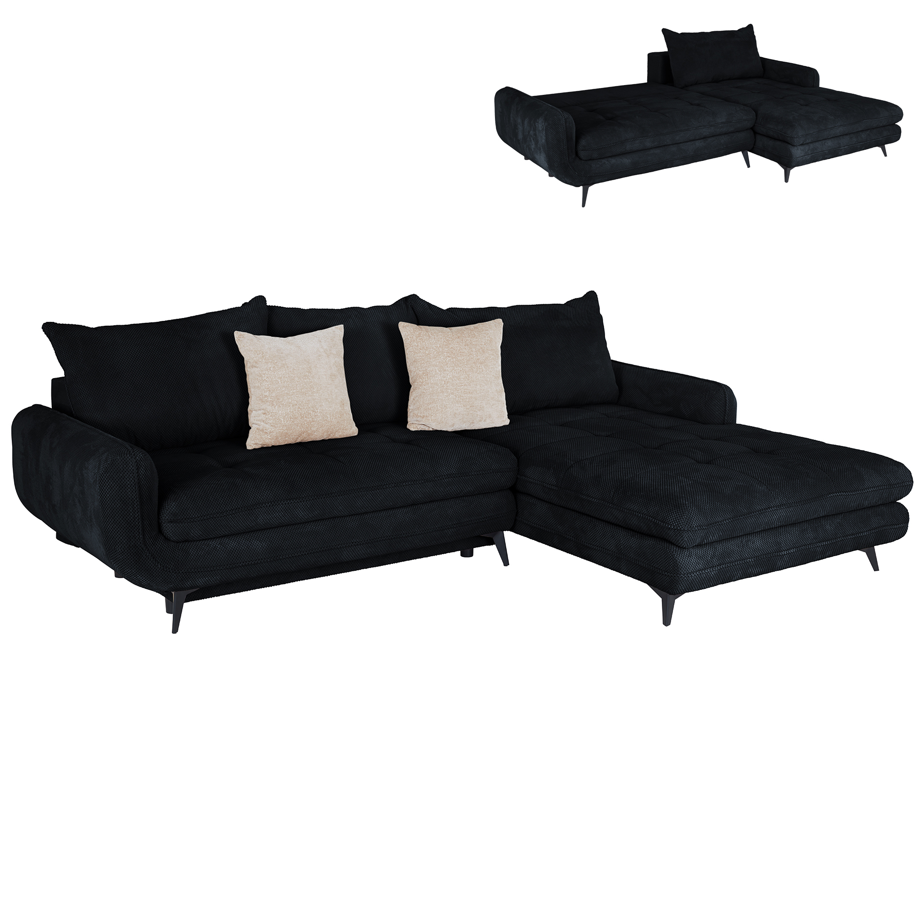 Ecksofa - schwarz - Liegefunktion und Staukasten - Ottomane rechts