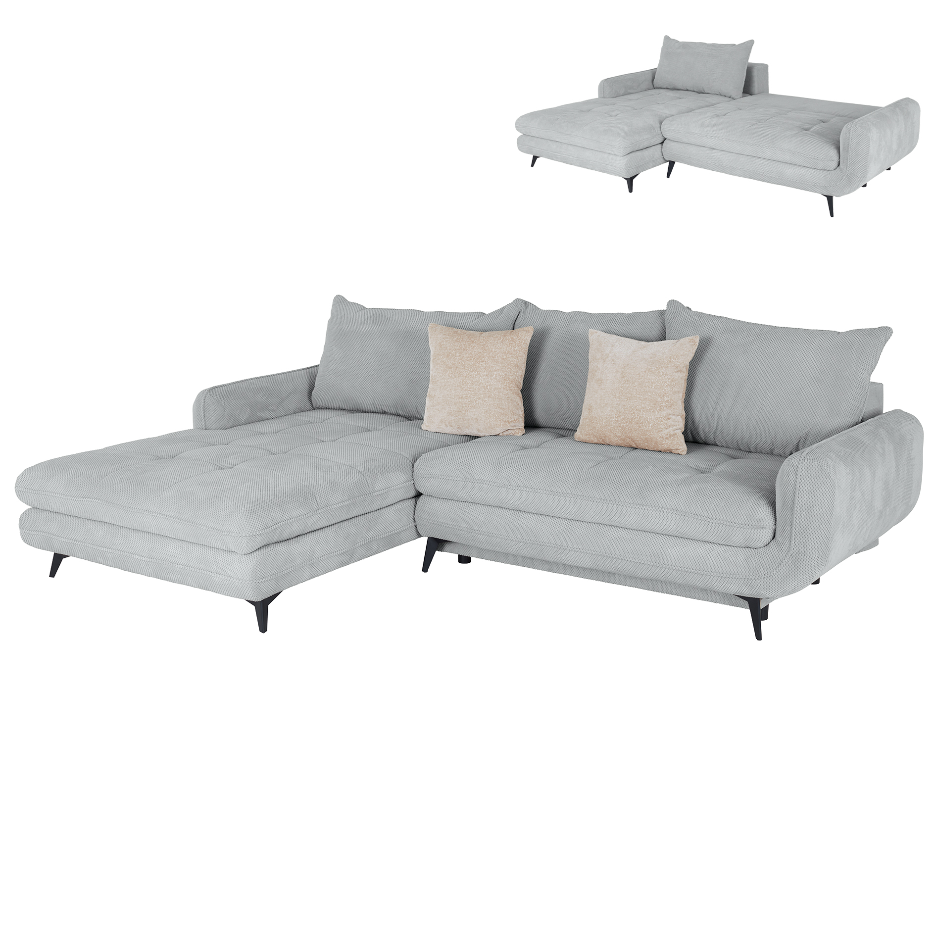Ecksofa - silber - Liegefunktion und Staukasten - Ottomane links
