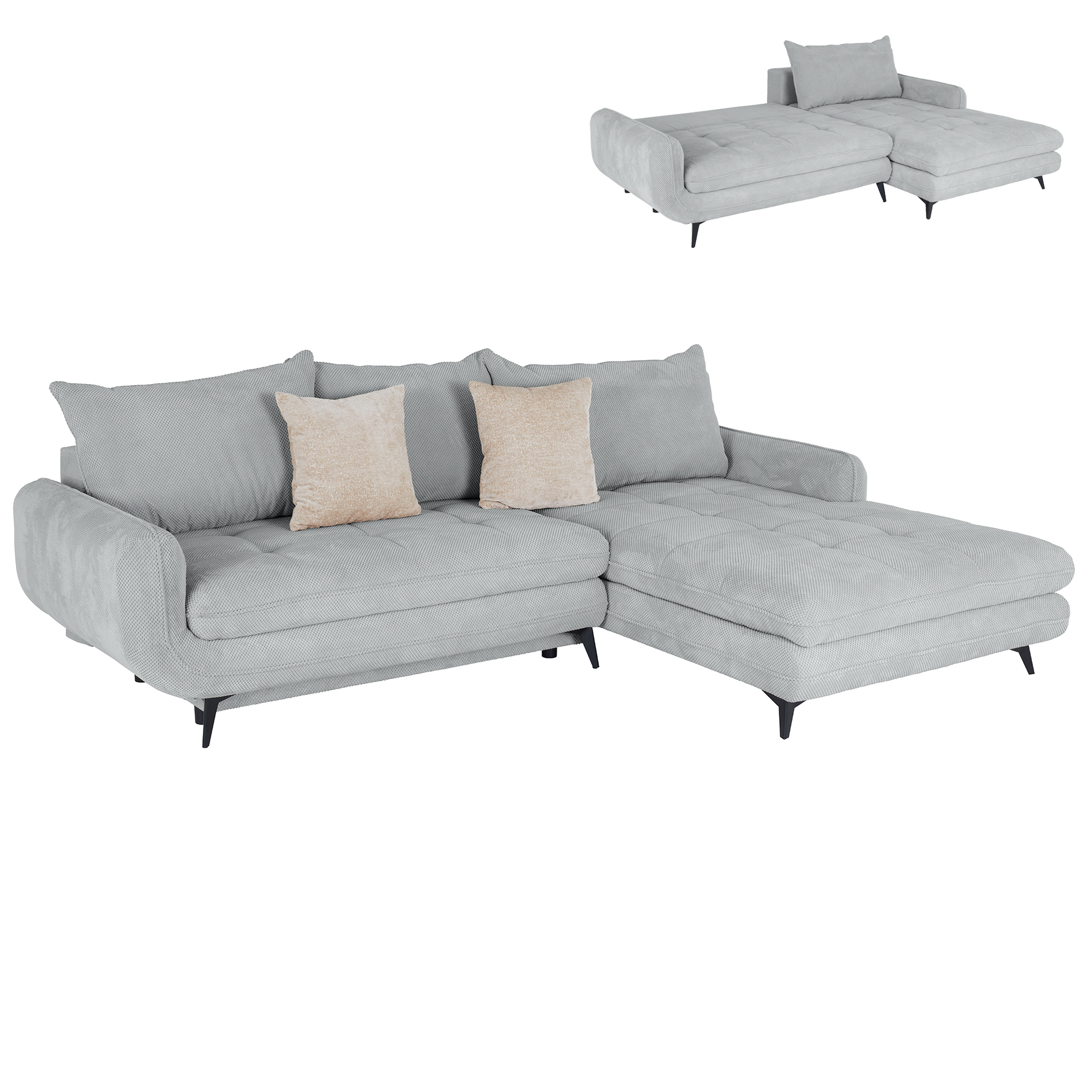 Ecksofa - silber - Liegefunktion und Staukasten - Ottomane rechts