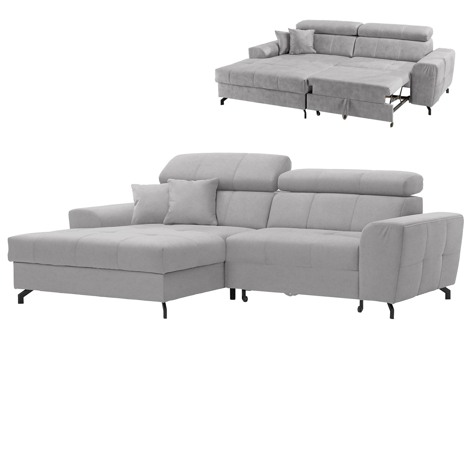 Ecksofa - silber - Samt - mit Liegefunktion - Recamiere links