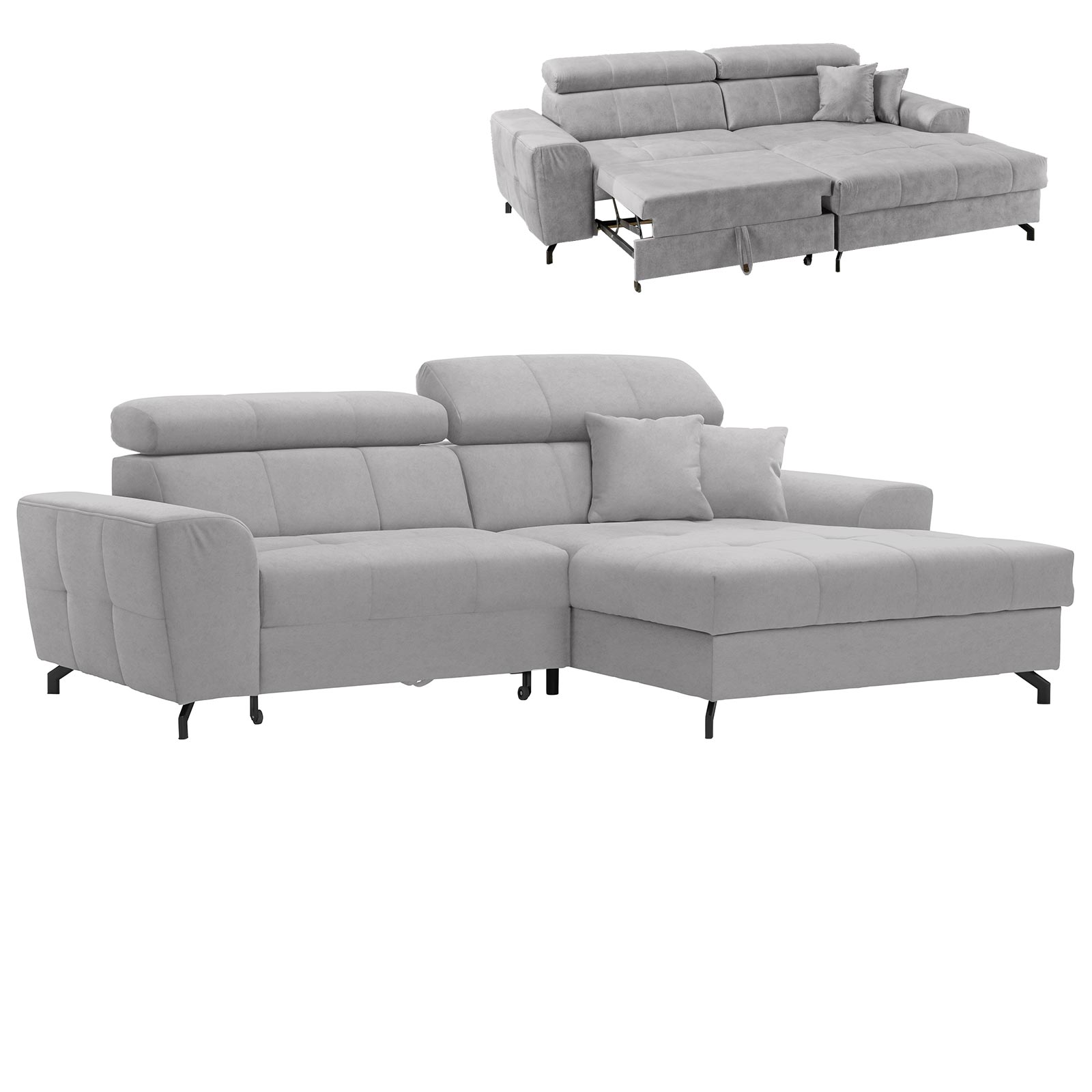 Ecksofa - silber - Samt - mit Liegefunktion - Recamiere rechts