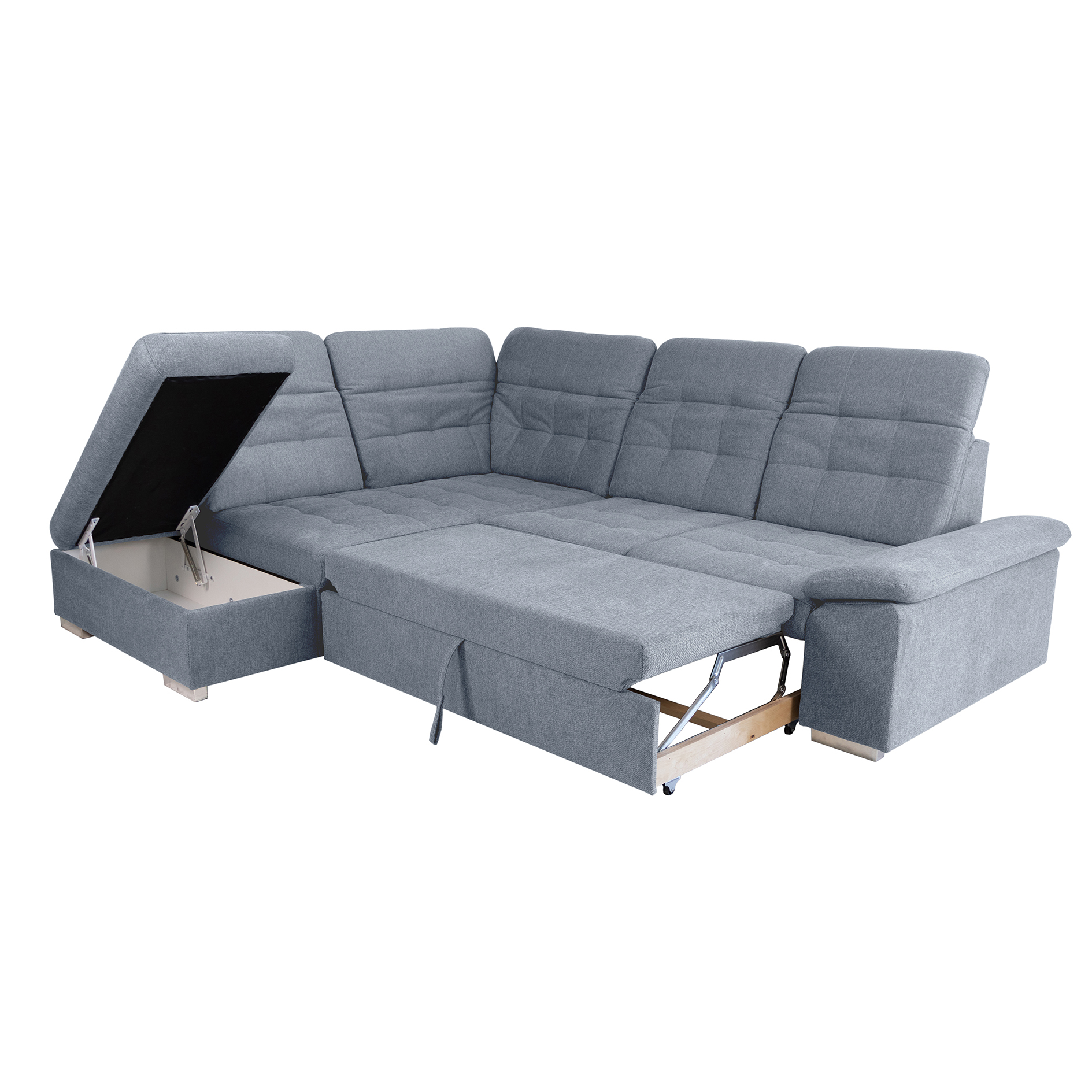 Ecksofa - silver - Liegefunktion und Staukasten - Ottomane links