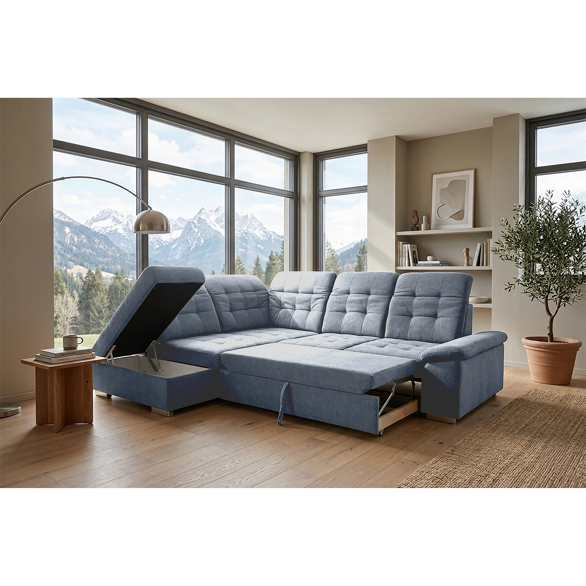 Ecksofa - silver - Liegefunktion und Staukasten - Ottomane links