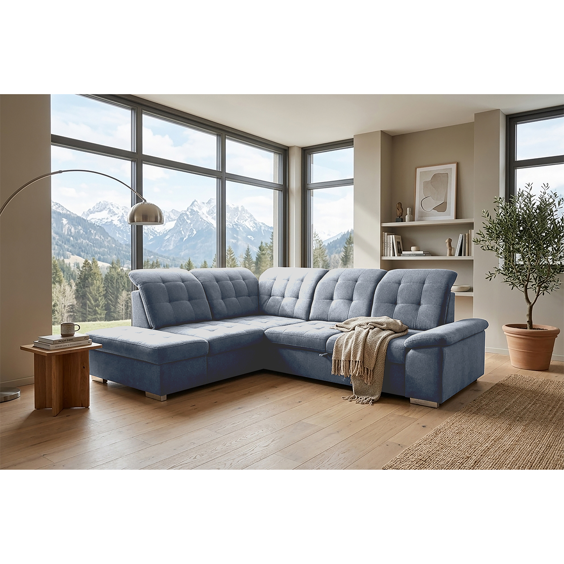 Ecksofa - silver - Liegefunktion und Staukasten - Ottomane links