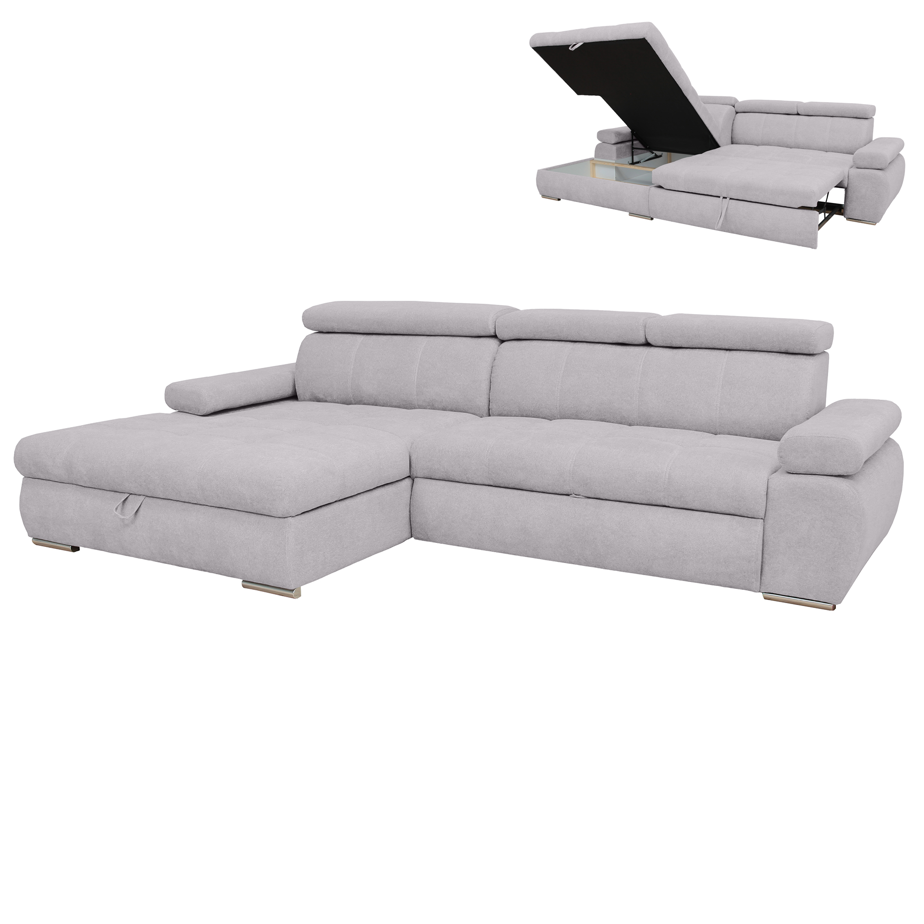 Ecksofa - silver - Liegefunktion und Staukasten - Ottomane links
