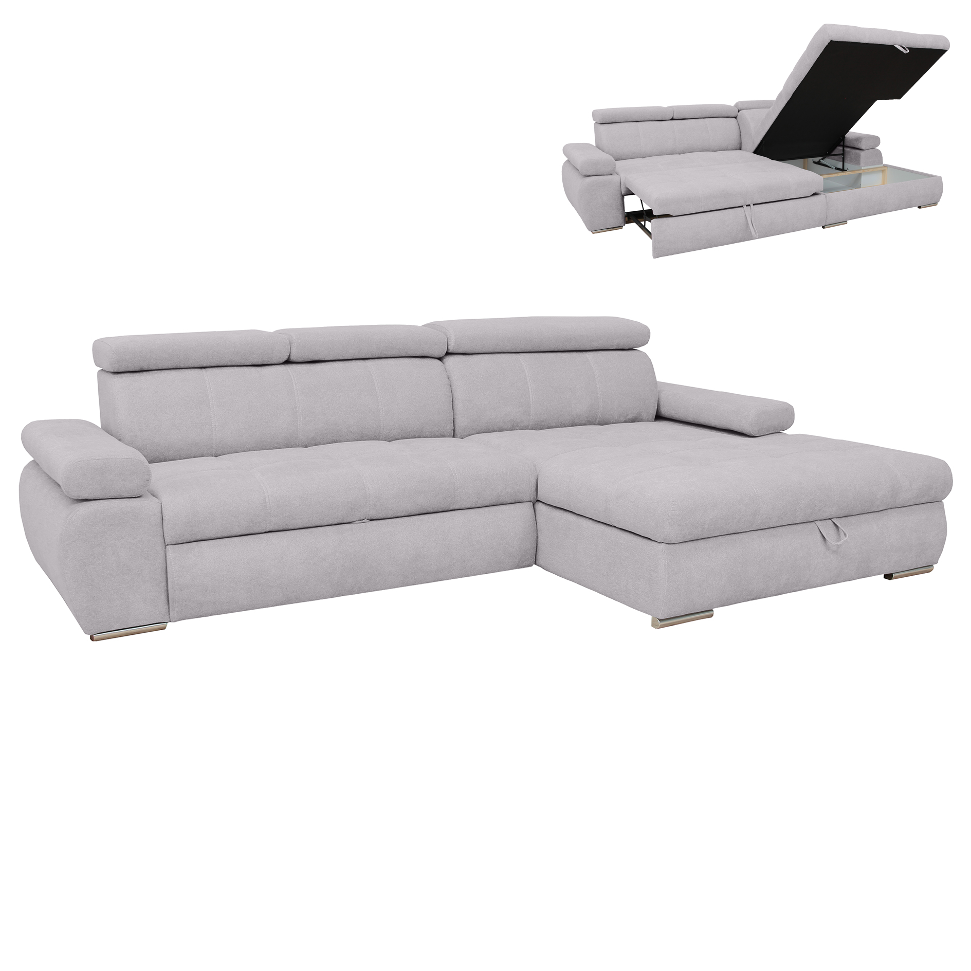 Ecksofa - silver - Liegefunktion und Staukasten - Ottomane rechts