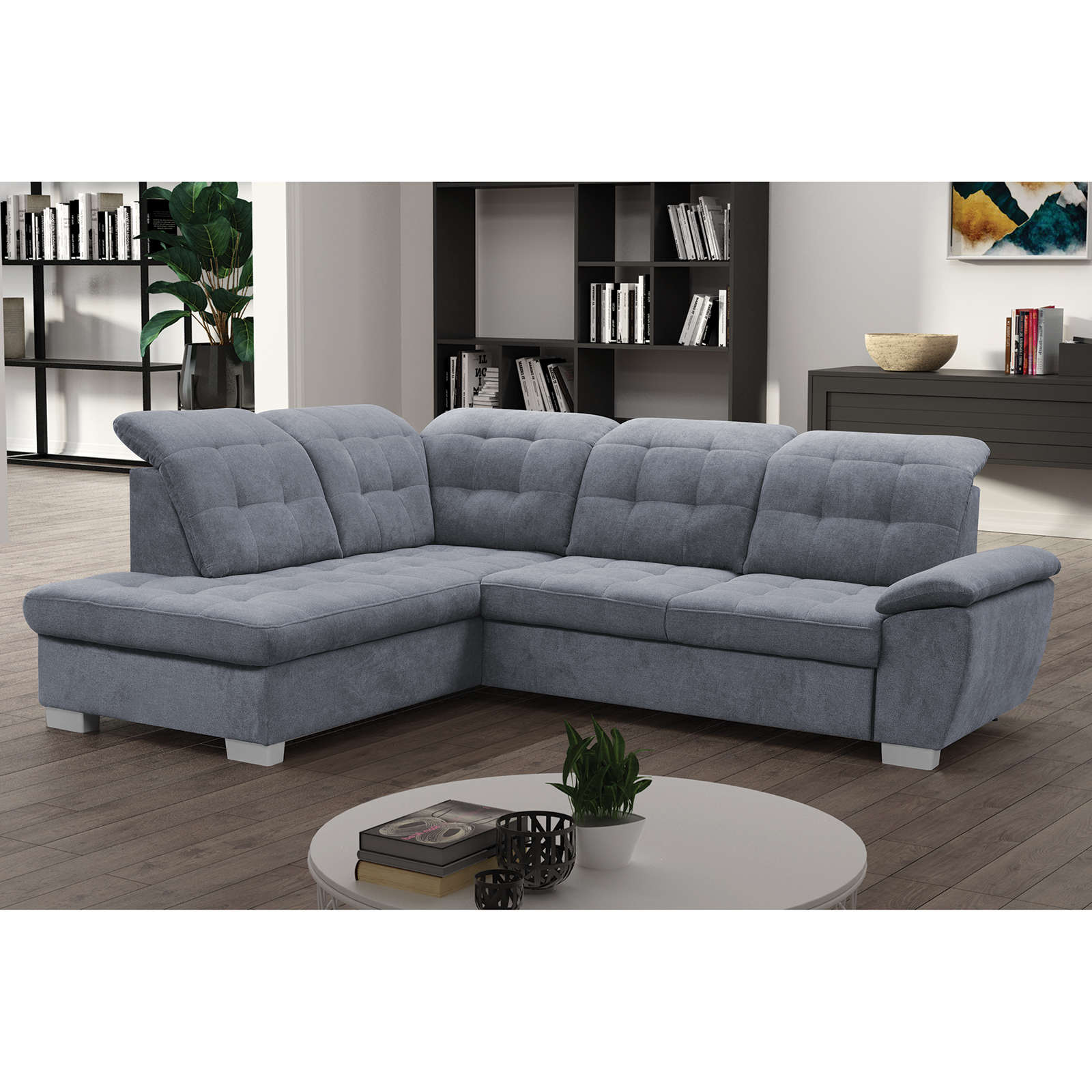 Ecksofa - steel - Staukasten - Ottomane links