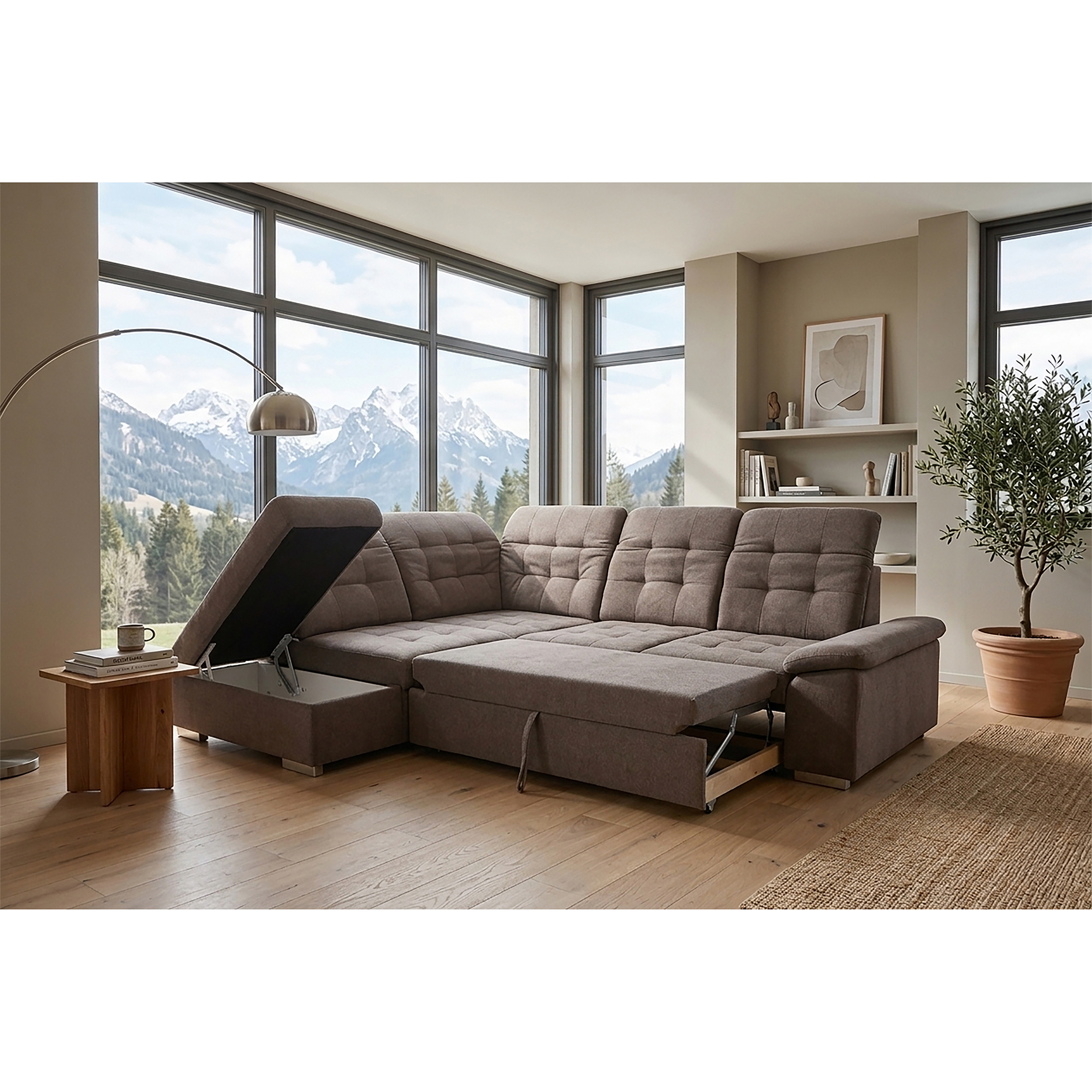 Ecksofa - stone - Liegefunktion und Staukasten - Ottomane links