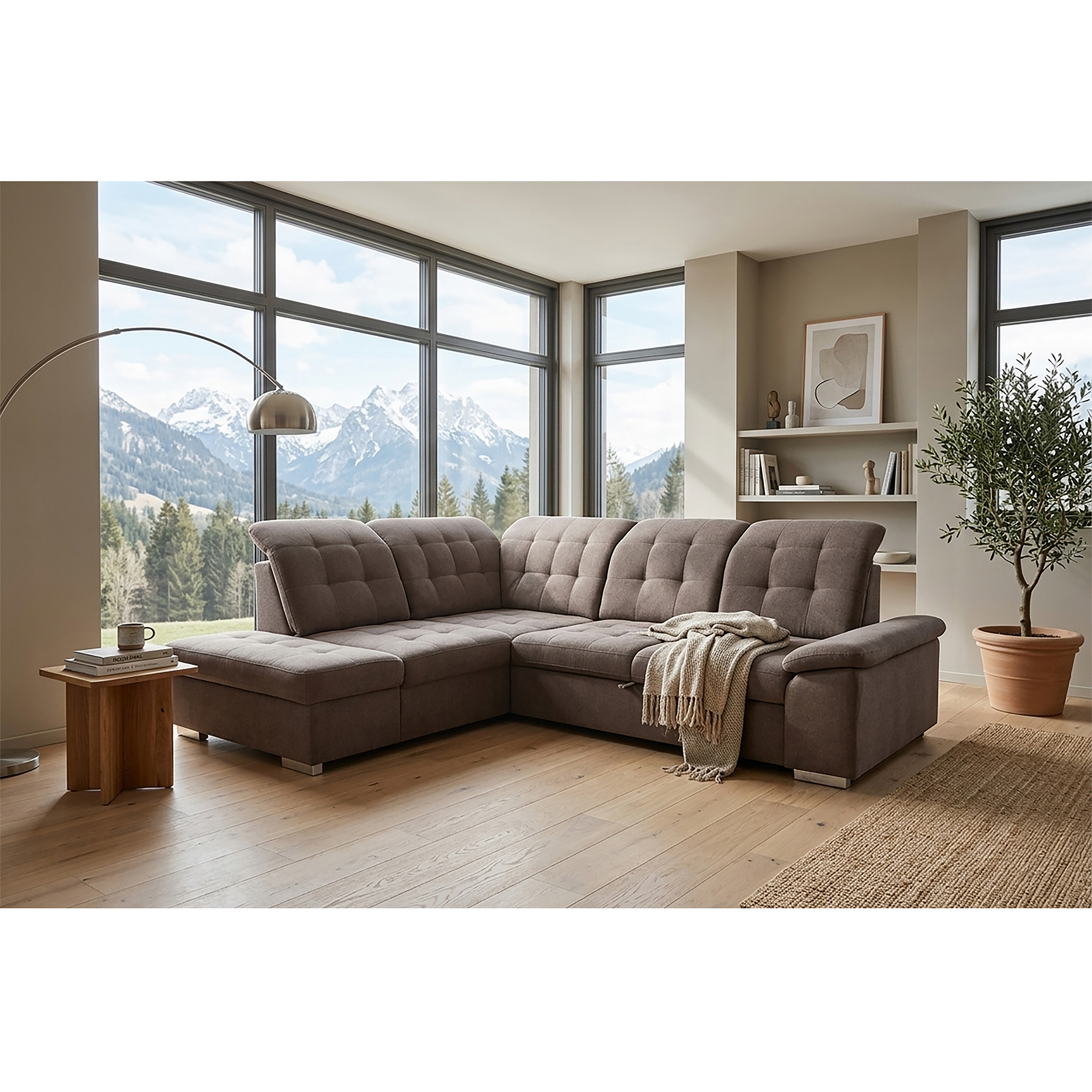 Ecksofa - stone - Liegefunktion und Staukasten - Ottomane links