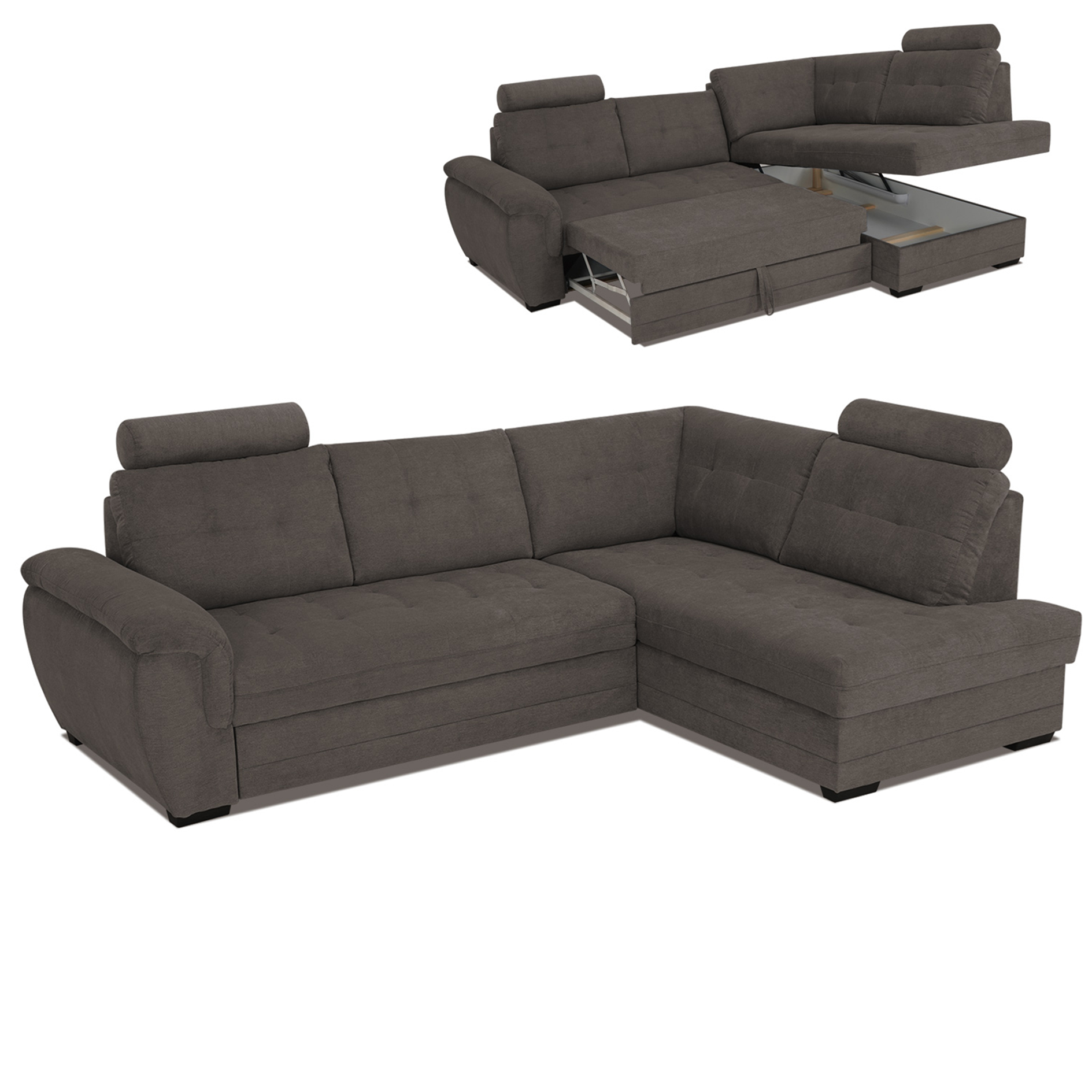 Ecksofa - stone - Velours - Liegefunktion - Staukasten rechts