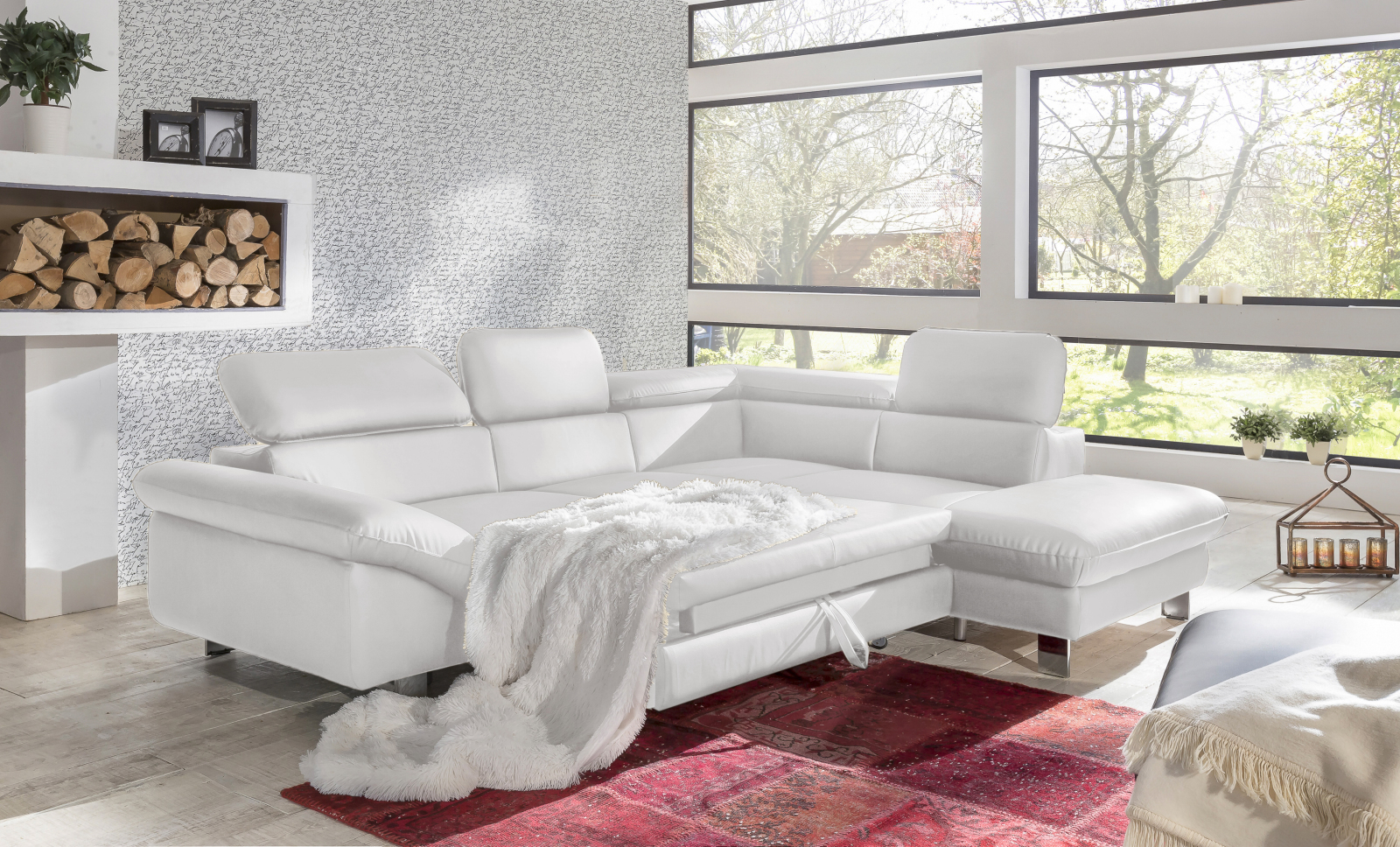 Ecksofa - white - Liegefunktion - Ottomane rechts