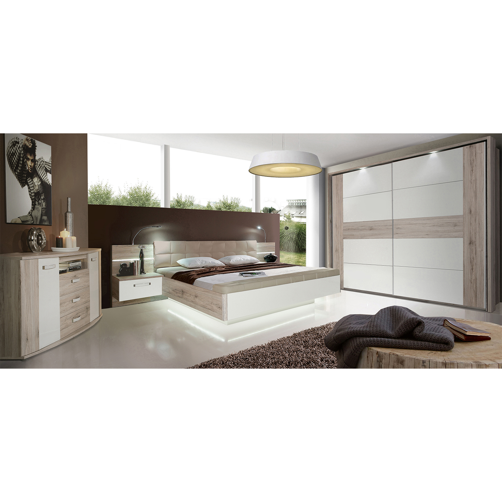 ELLA@home Schwebetürenschrank - Sandeiche - weiß Hochglanz - 2-türig