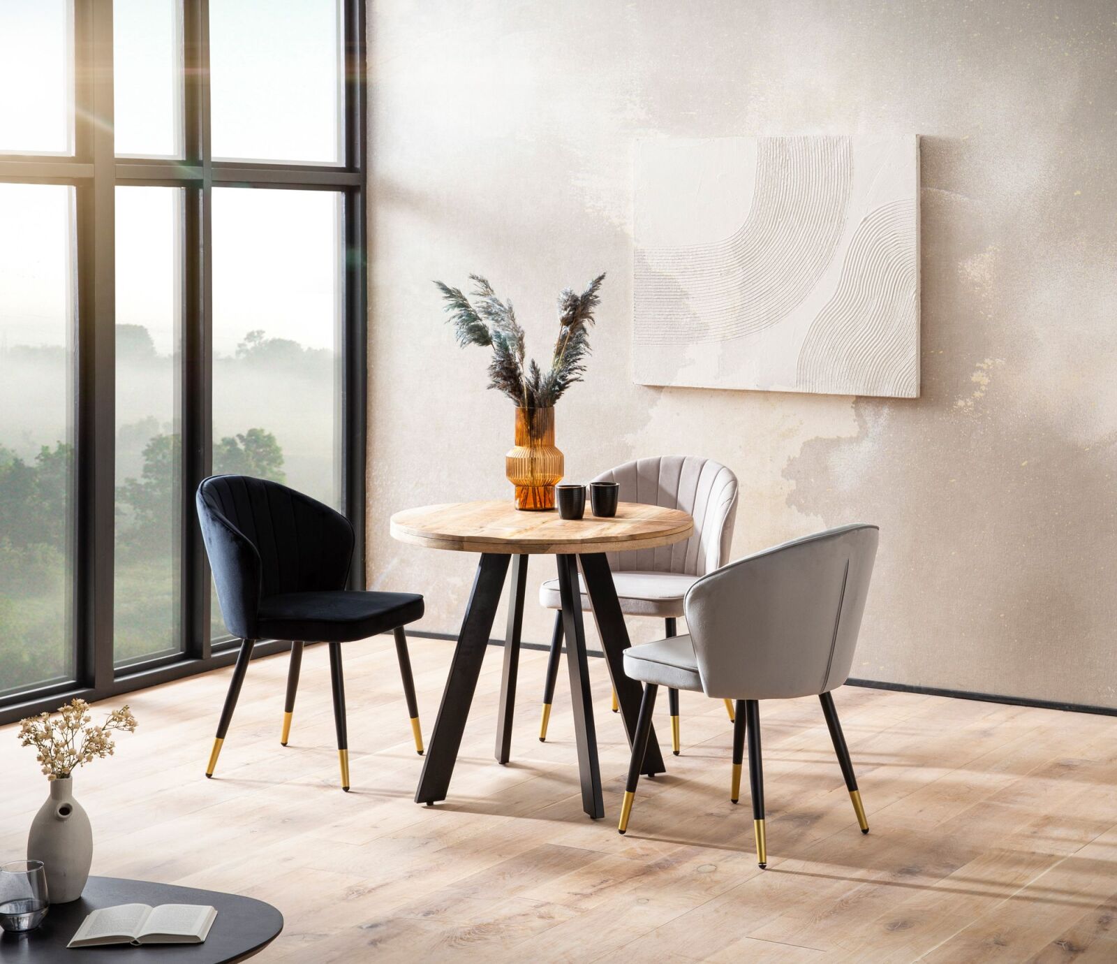 Esstisch - Mango Massivholz - schwarz matt - Eisen - Ø 80 cm