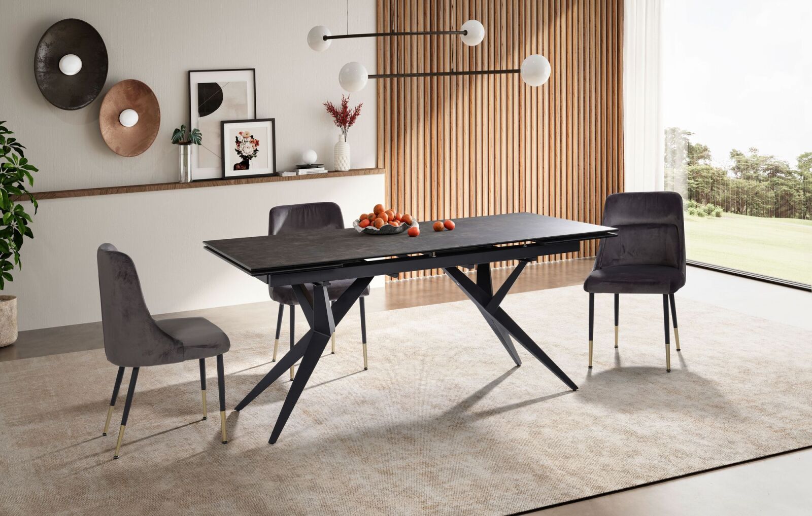 Esstisch - Marmoroptik schwarz - schwarz matt - 4-Fuß-X-Gestell - ausziehbar - 180-260x95 cm