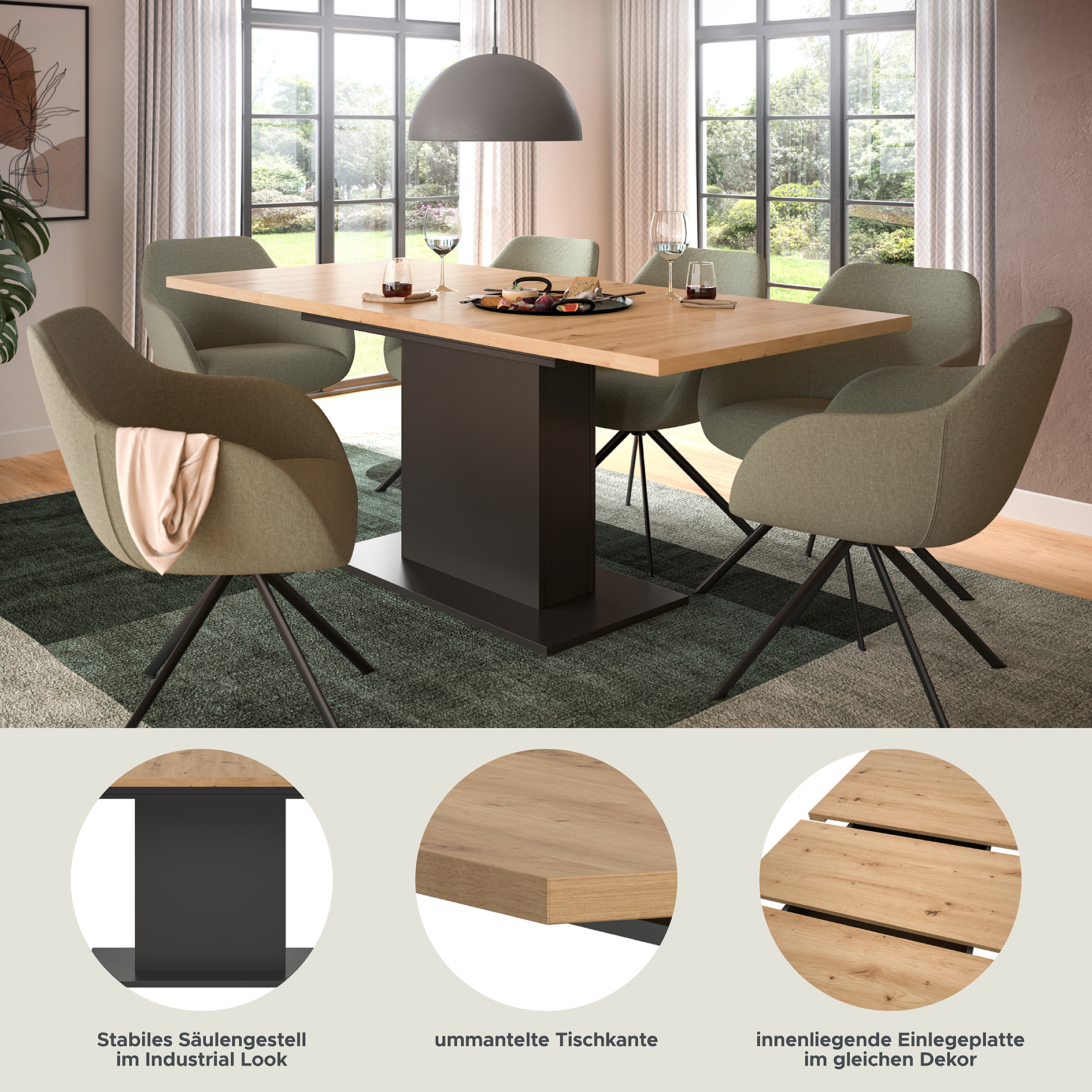 Esstisch MOTION - Artisan Eiche - grau - ausziehbar - Säulen-Fuß 