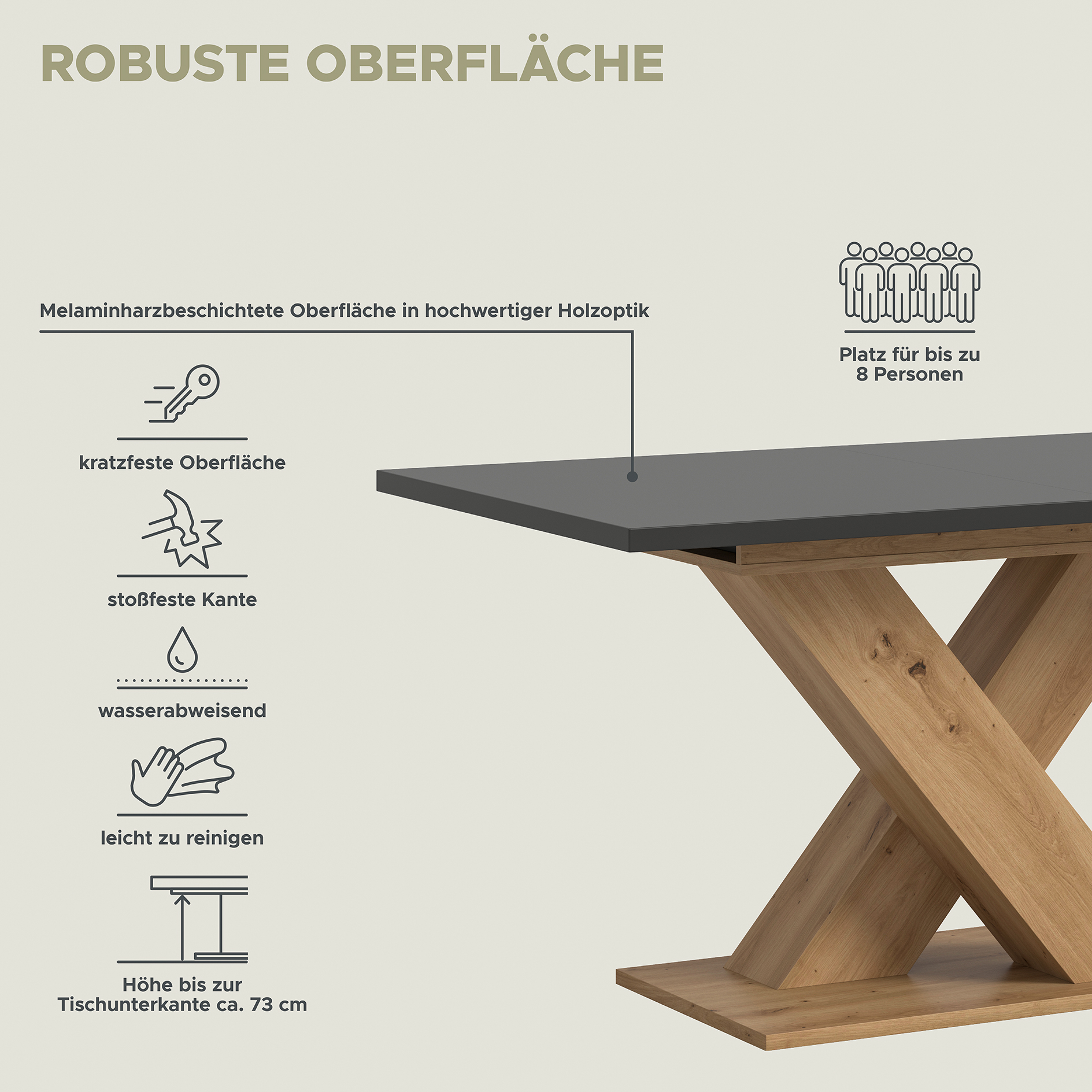 Esstisch MOTION - grau - Artisan Eiche - ausziehbar - X-Fuß