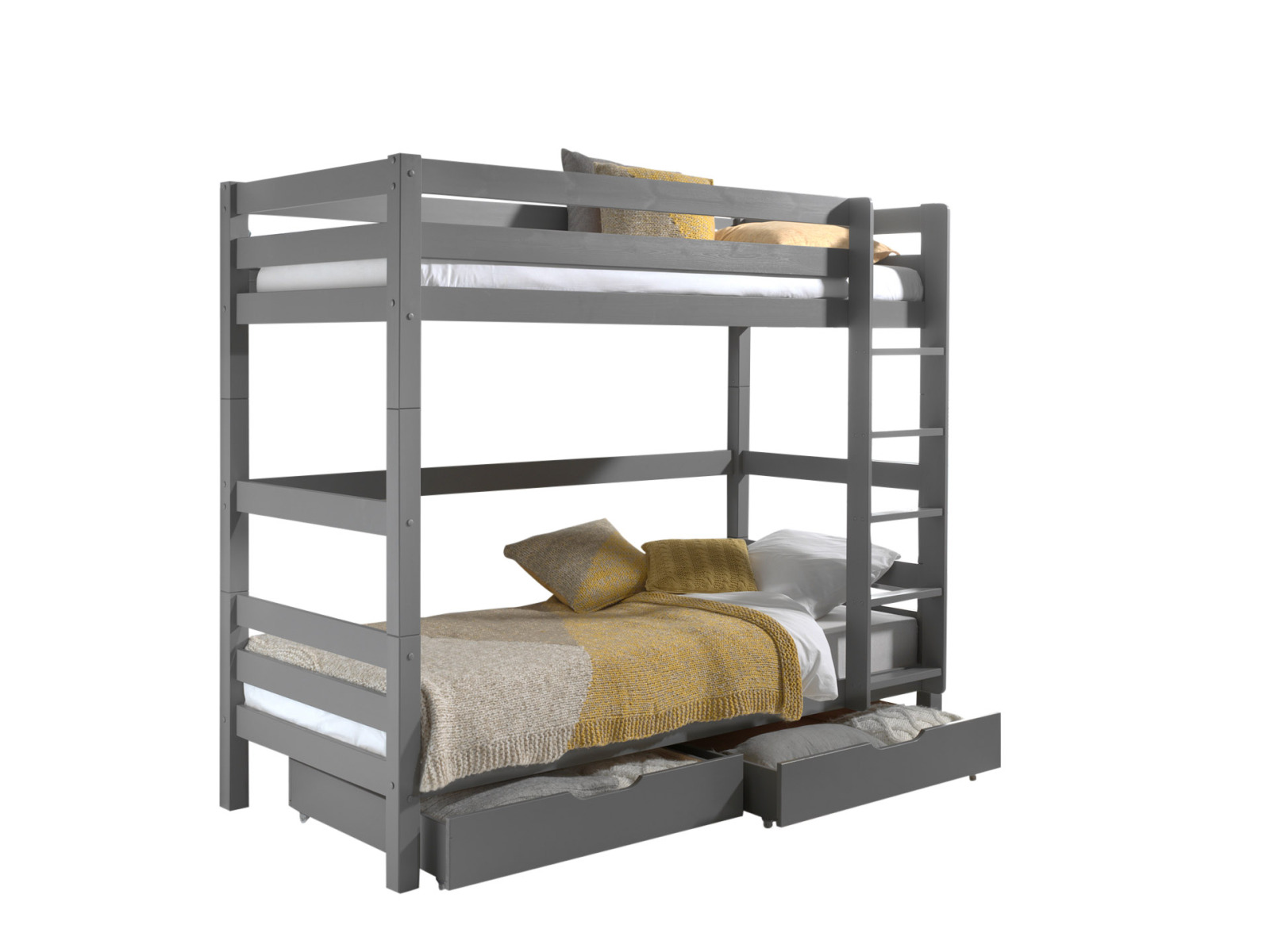 Etagen-Hochbett-Set PINO - grau - Kiefer Massivholz - 2 Schubladen - 90x200 cm