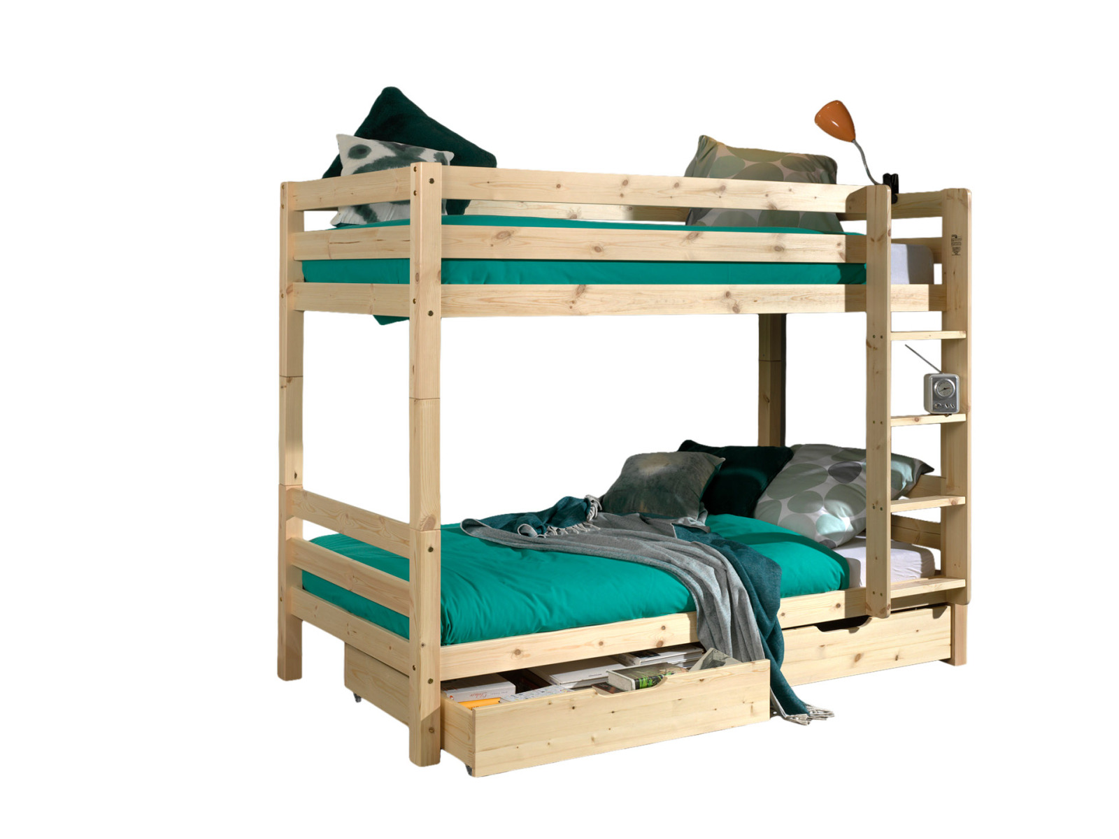 Etagen-Hochbett-Set PINO - natur - Kiefer Massivholz - 2 Schubladen - 90x200 cm