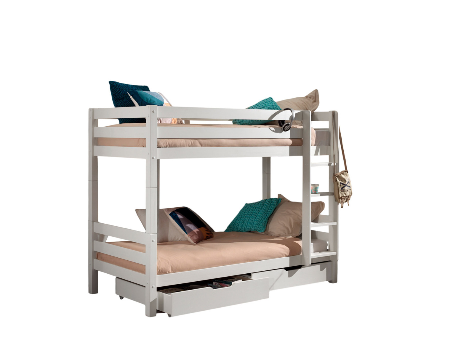 Etagen-Hochbett-Set PINO - weiß - Kiefer Massivholz - 2 Schubladen - 90x200 cm