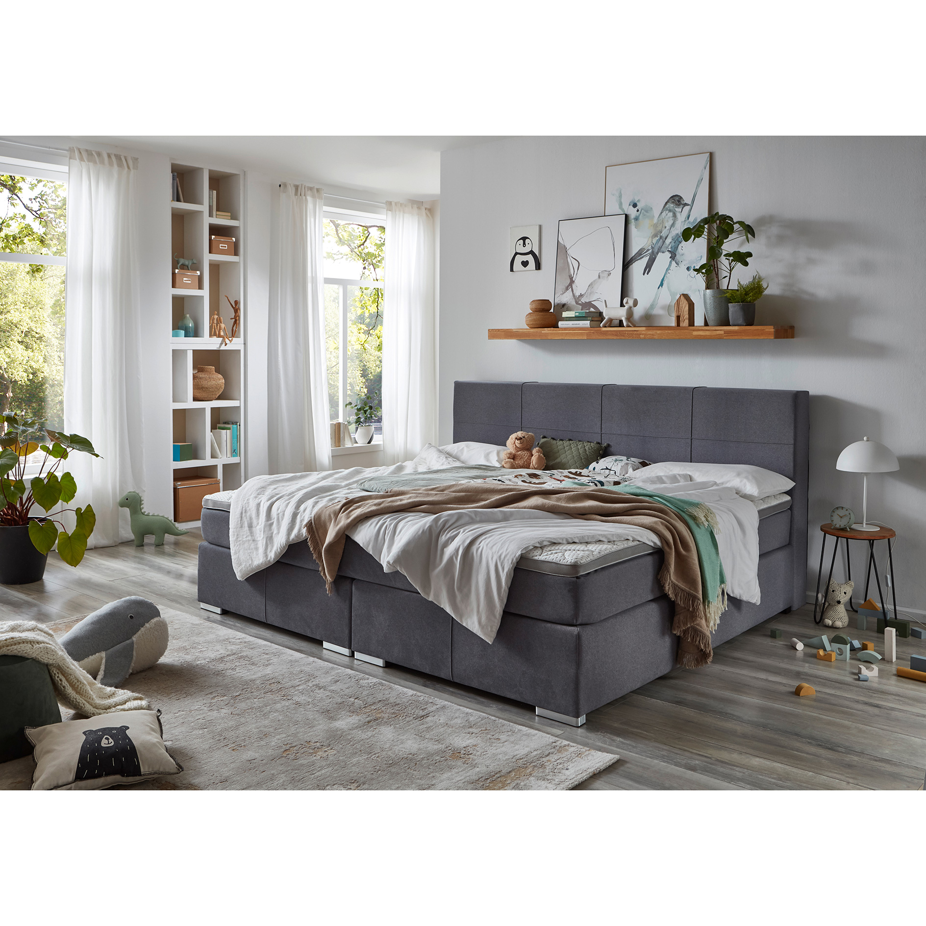 Familien-Boxspringbett - grau - H2/H3 - inklusive Topper - 240x200 cm 
