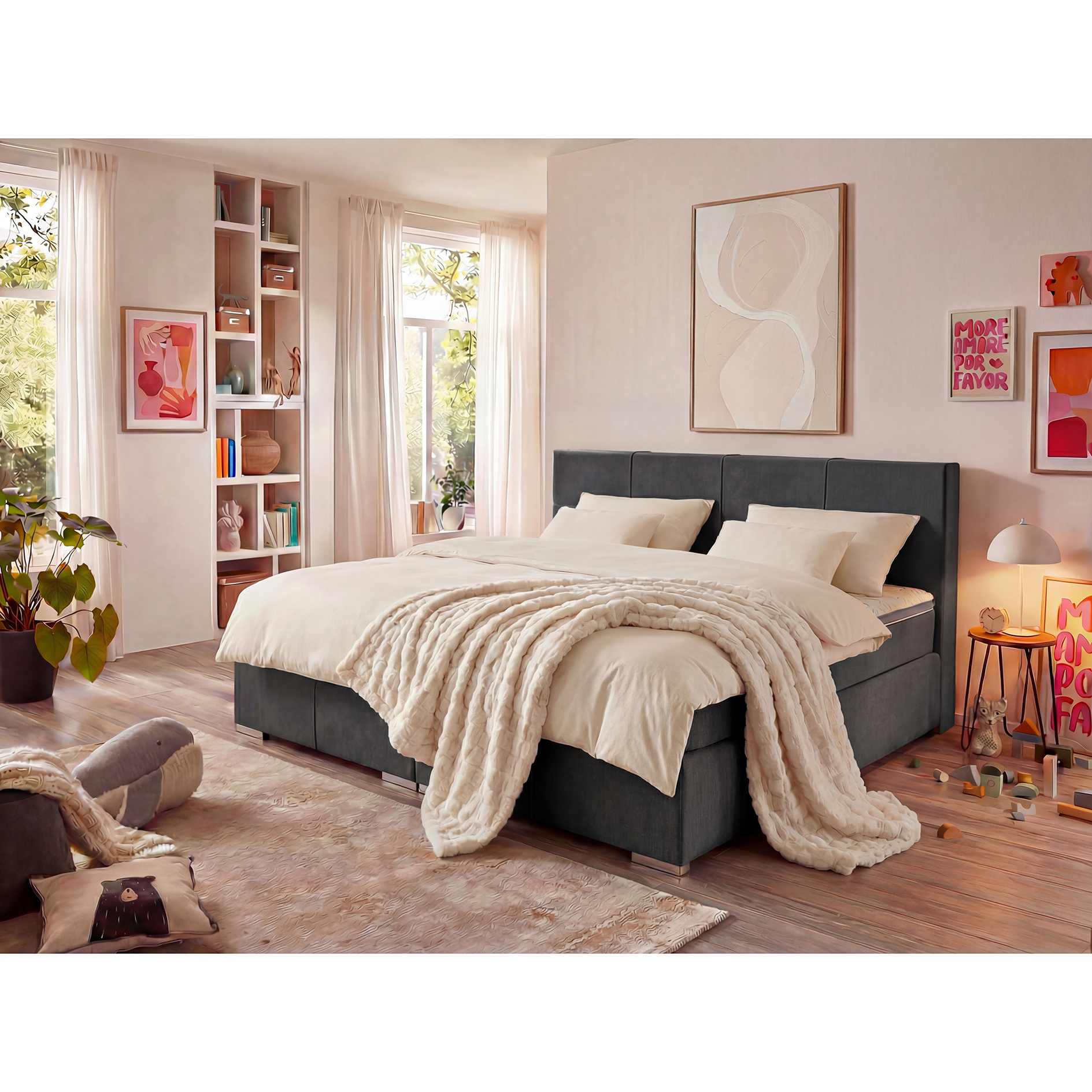 Familien-Boxspringbett - grau - H2/H3 - inklusive Topper - 240x200 cm 