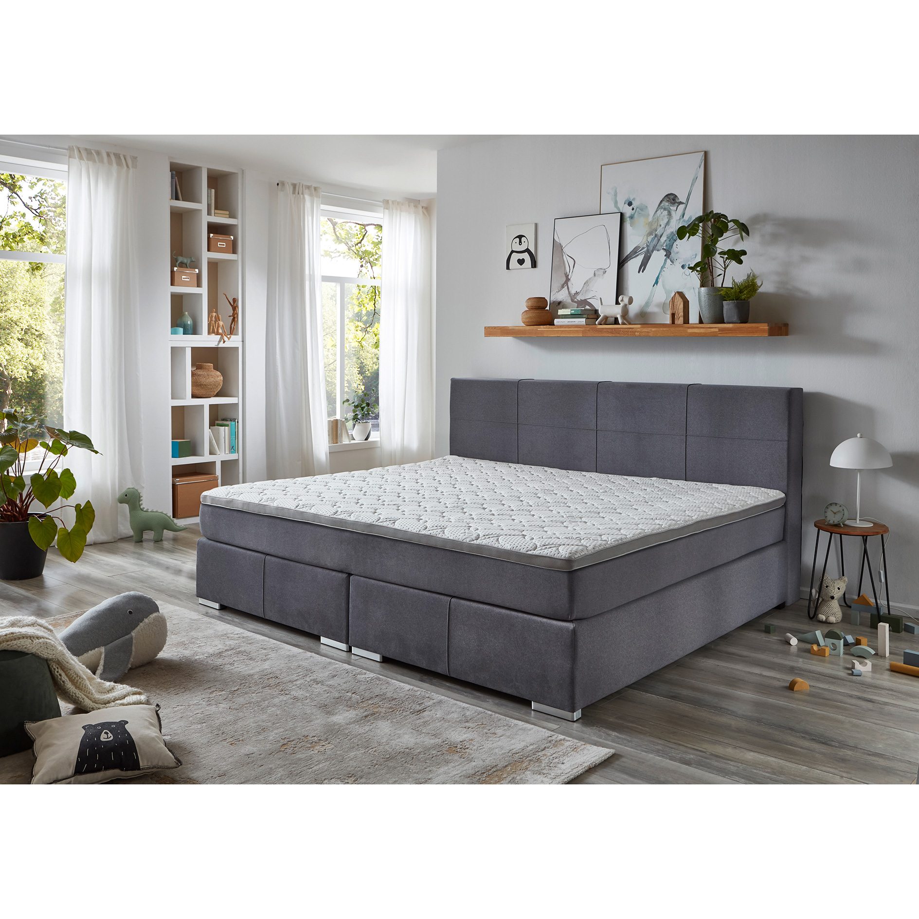 Familien-Boxspringbett - grau - H2/H3 - inklusive Topper - 240x200 cm 