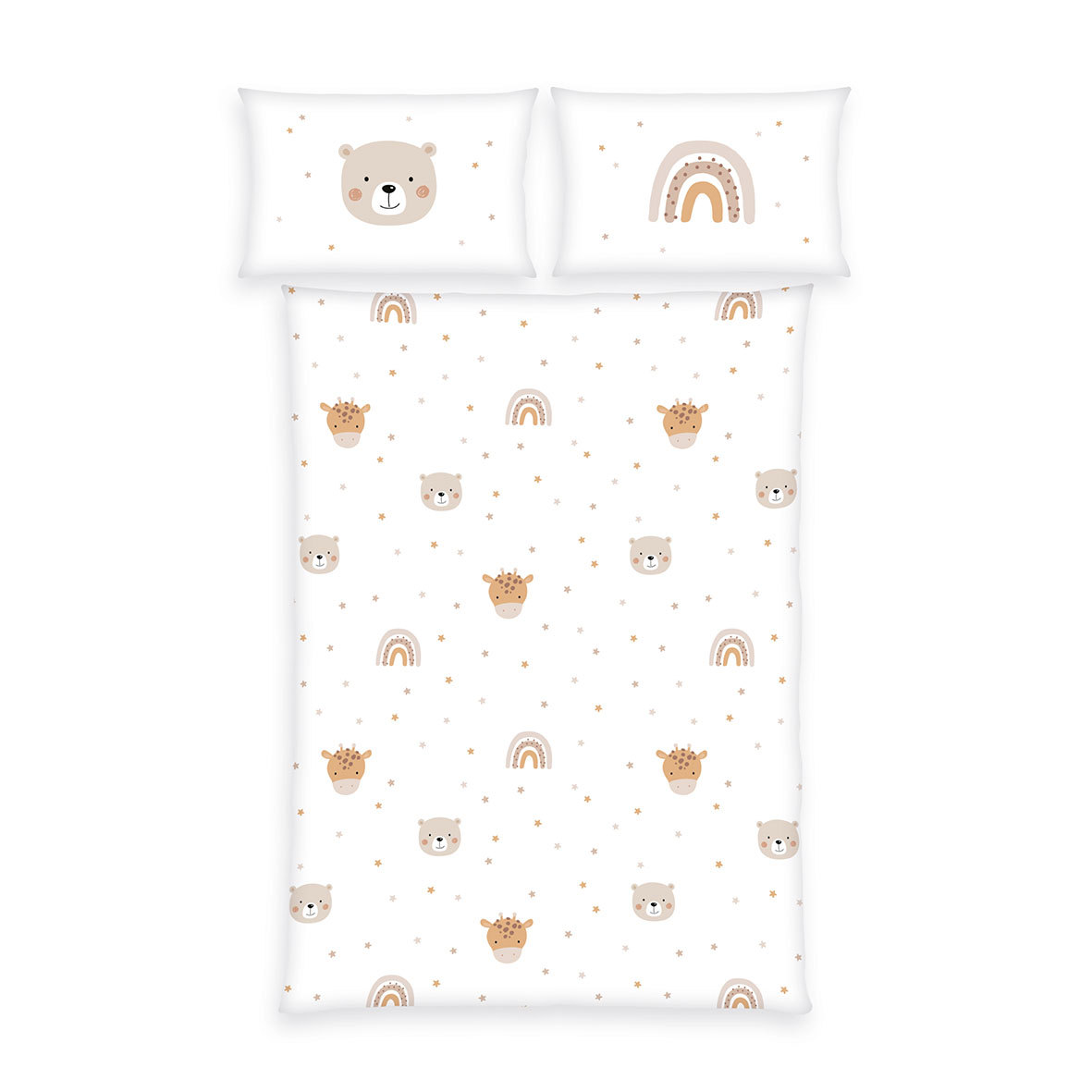 Flanell-Baby-Bettwäsche LITTLE FRIENDS - beige-weiß - 100x135 cm