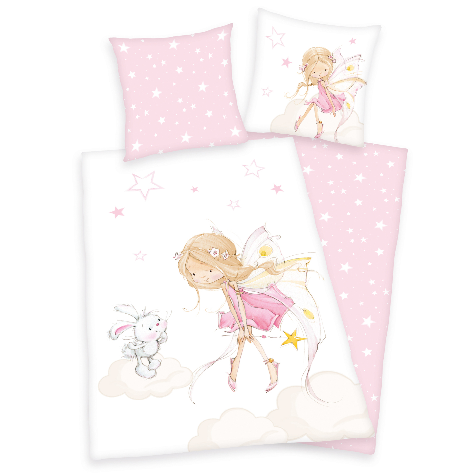 Flanell-Bettwäsche LITTLE FAIRY - rosa-weiß - 135x200 cm