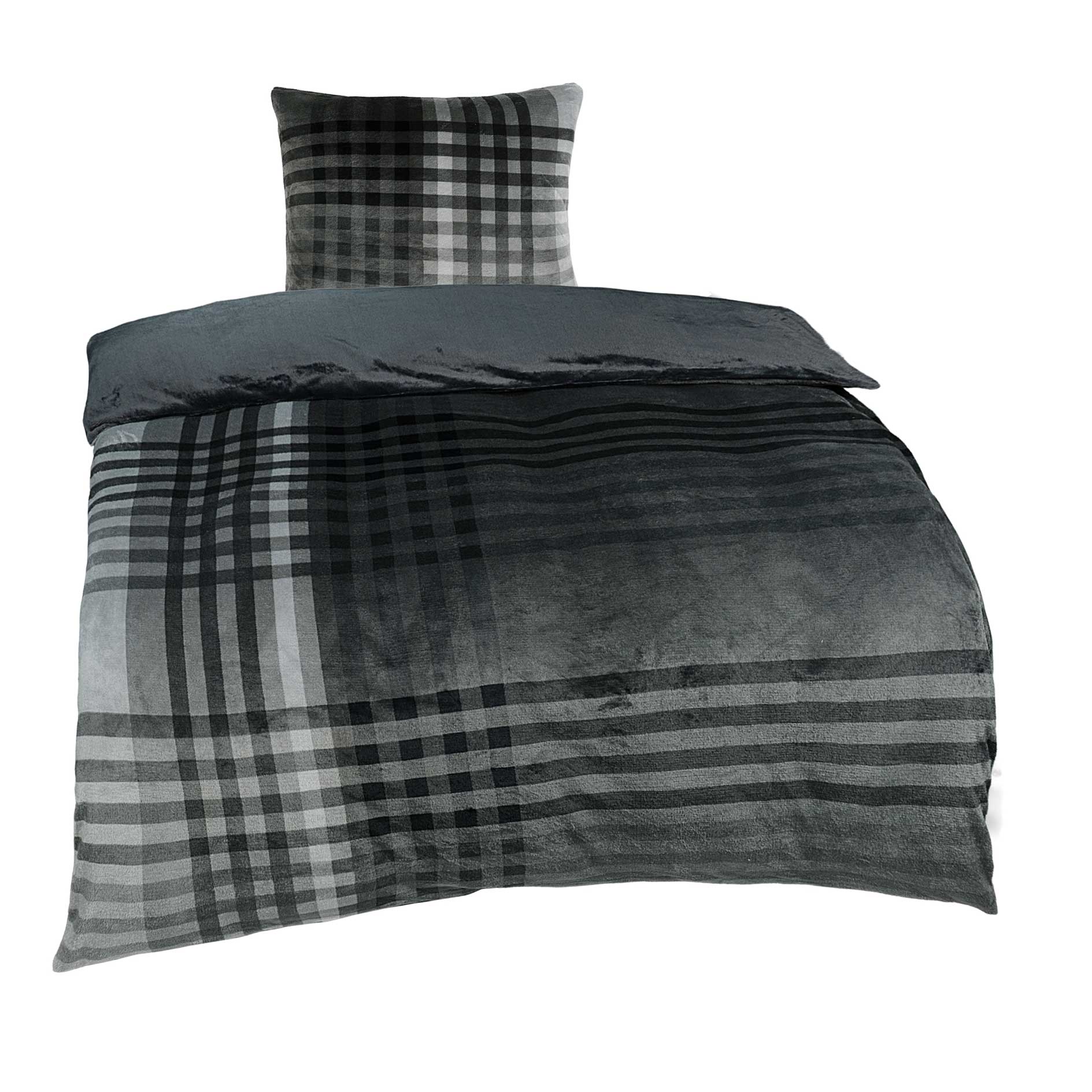 Flanell-Bettwäsche - schwarz-weiß-grau - Karo-Streifen - 135x200 cm