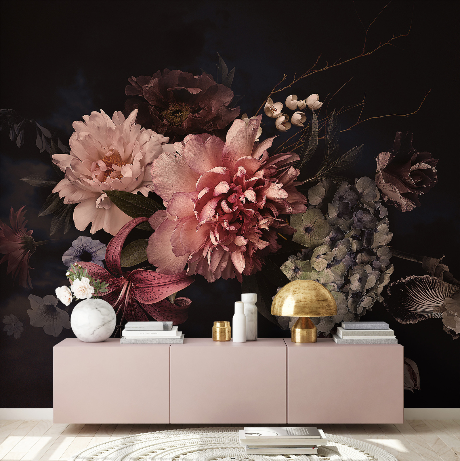 Fototapete DESIGNWALLS - rosa-schwarz - Blumen - 2,55 Meter