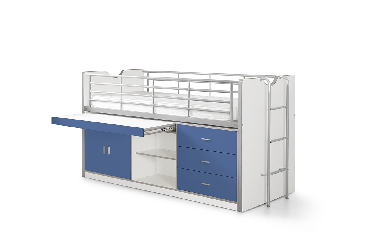 Funktions-Hochbett BONNY - weiß-blau - mit Schreibtischschublade - 90x200 cm