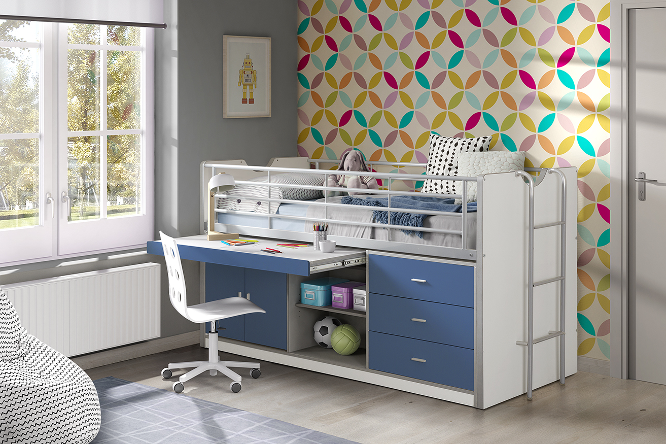 Funktions-Hochbett BONNY - weiß-blau - mit Schreibtischschublade - 90x200 cm