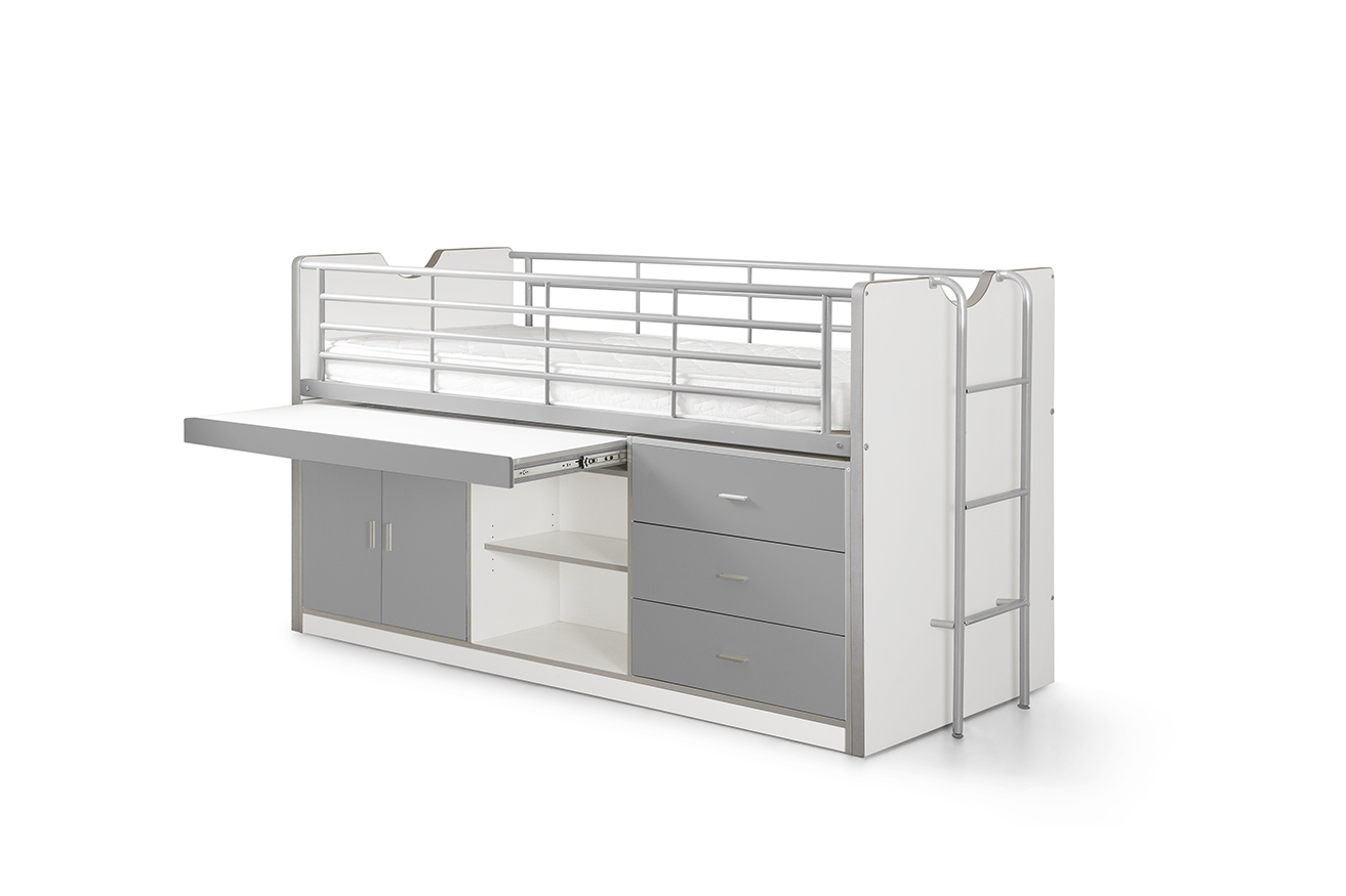 Funktions-Hochbett BONNY - weiß-silbergrau - mit Schreibtischschublade - 90x200 cm