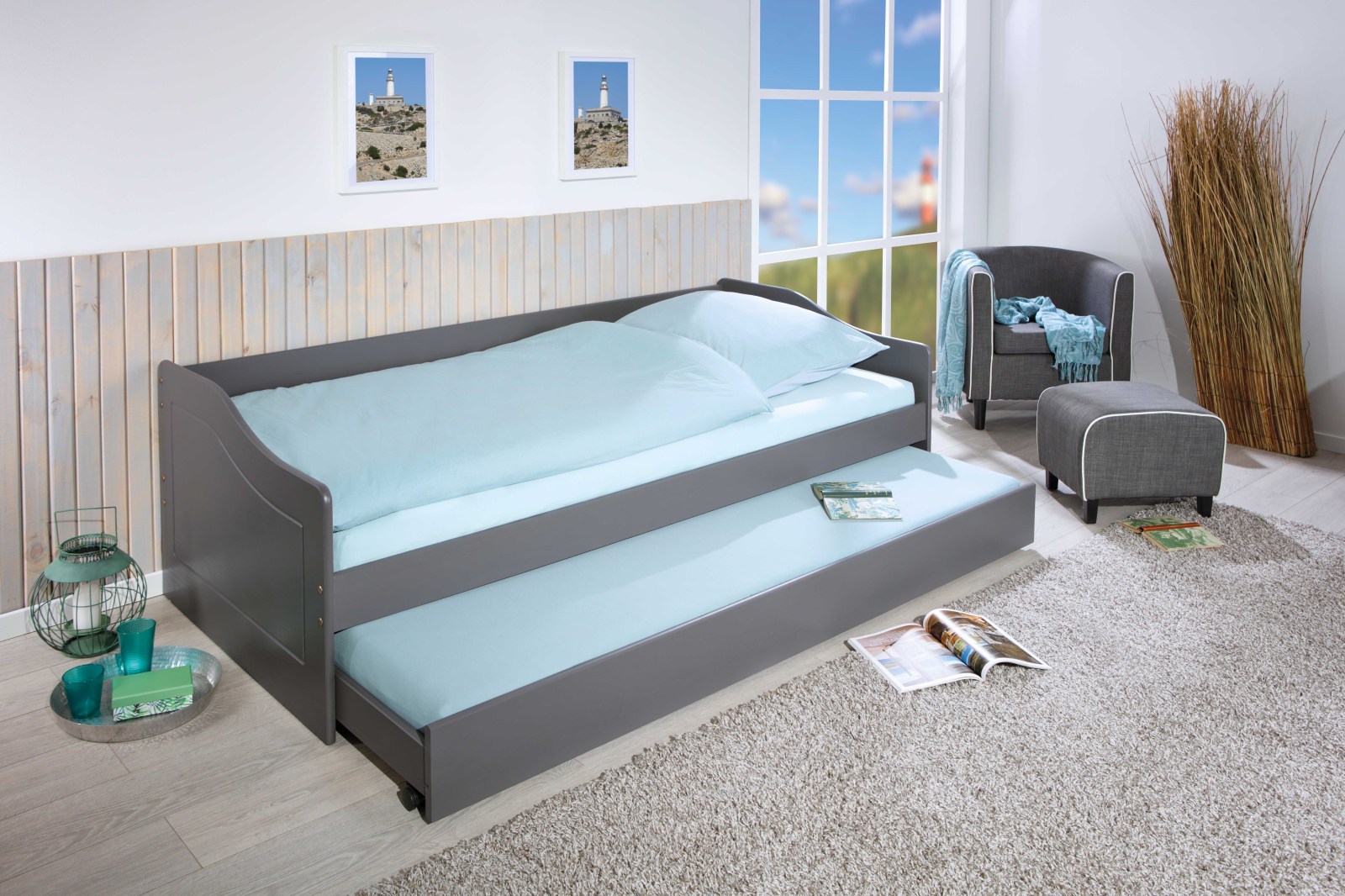 Funktionsbett LEONIE 23 - grau - Massivholz - 2x 90x200 cm