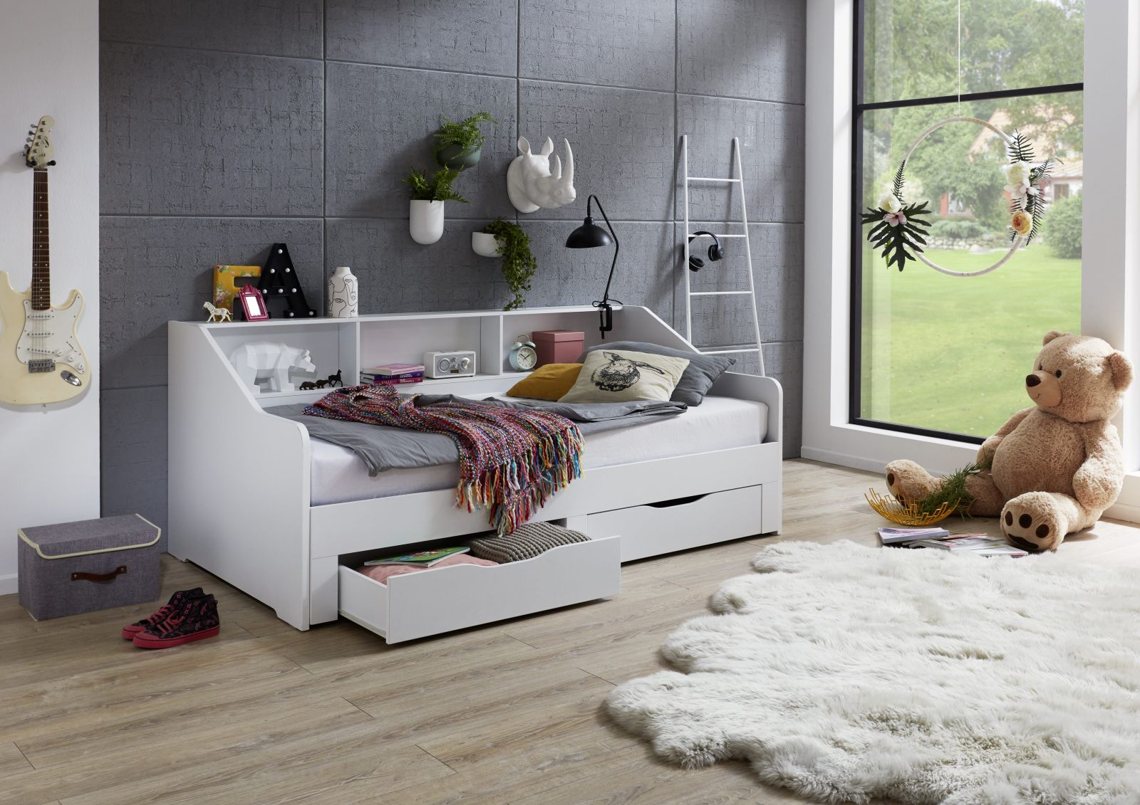 Funktionsbett RENE - weiß - mit Regal - 180x200 cm