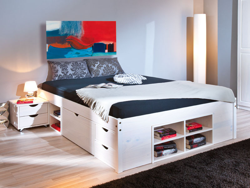 Funktionsbett TILL - weiß - Massivholz - 160x200 cm
